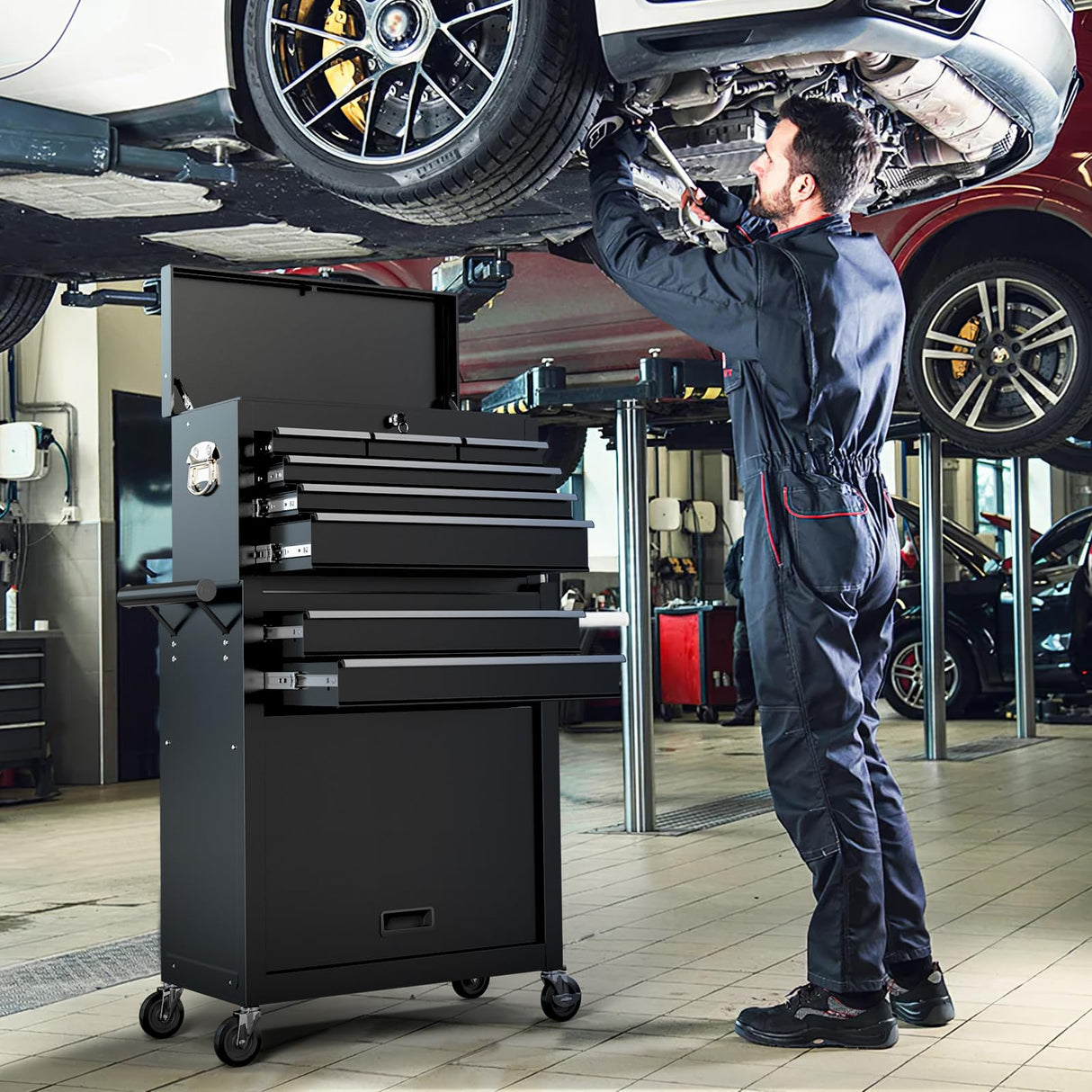 Maemttes 8-Drawers Large Tool Chest, 2-in-1 Detachable Garage Rolling Tool Box Metal Tool Storage Cabinet Removable Lockable Tool Cart with Wheels and Drawers Maemttes