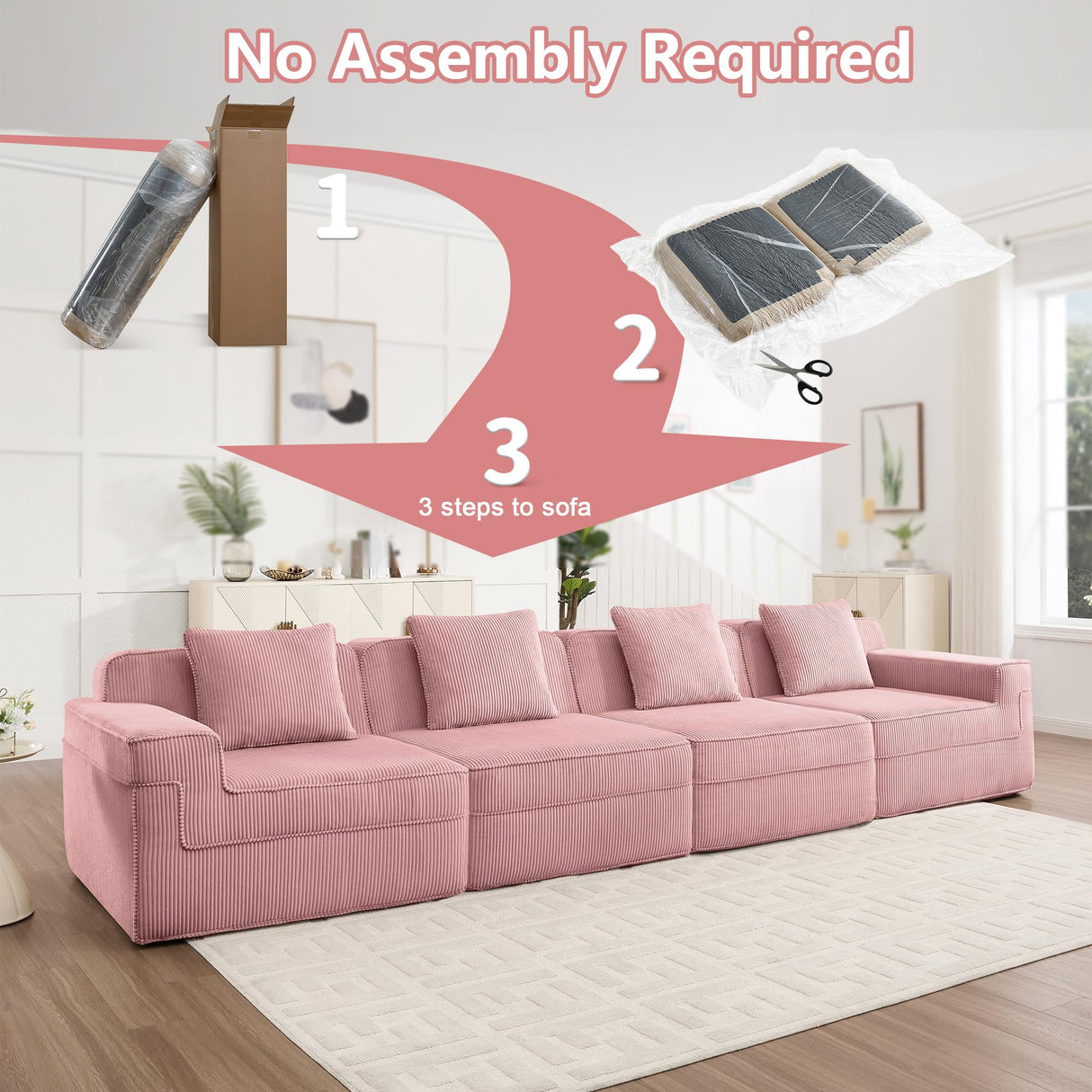 153.5 Cloud Sofa with Deep Seats and Wide Armrests,Boneless Sectional Couch with High Density Memory Foam Sofa, 4 Seater Sofa for Living Room Apartments - No Assembly, Corduroy,Pink HUMEHA