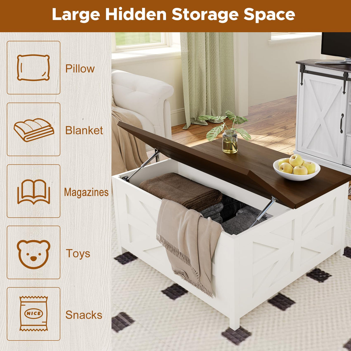 Melidee Farmhouse Lift Top Coffee Table - Wood Square Center Table with Hidden Storage Space, Charging Station & USB Ports, for Living Room, Home Office - 33.5" L x 33.5" W x 17.6" H Melidee