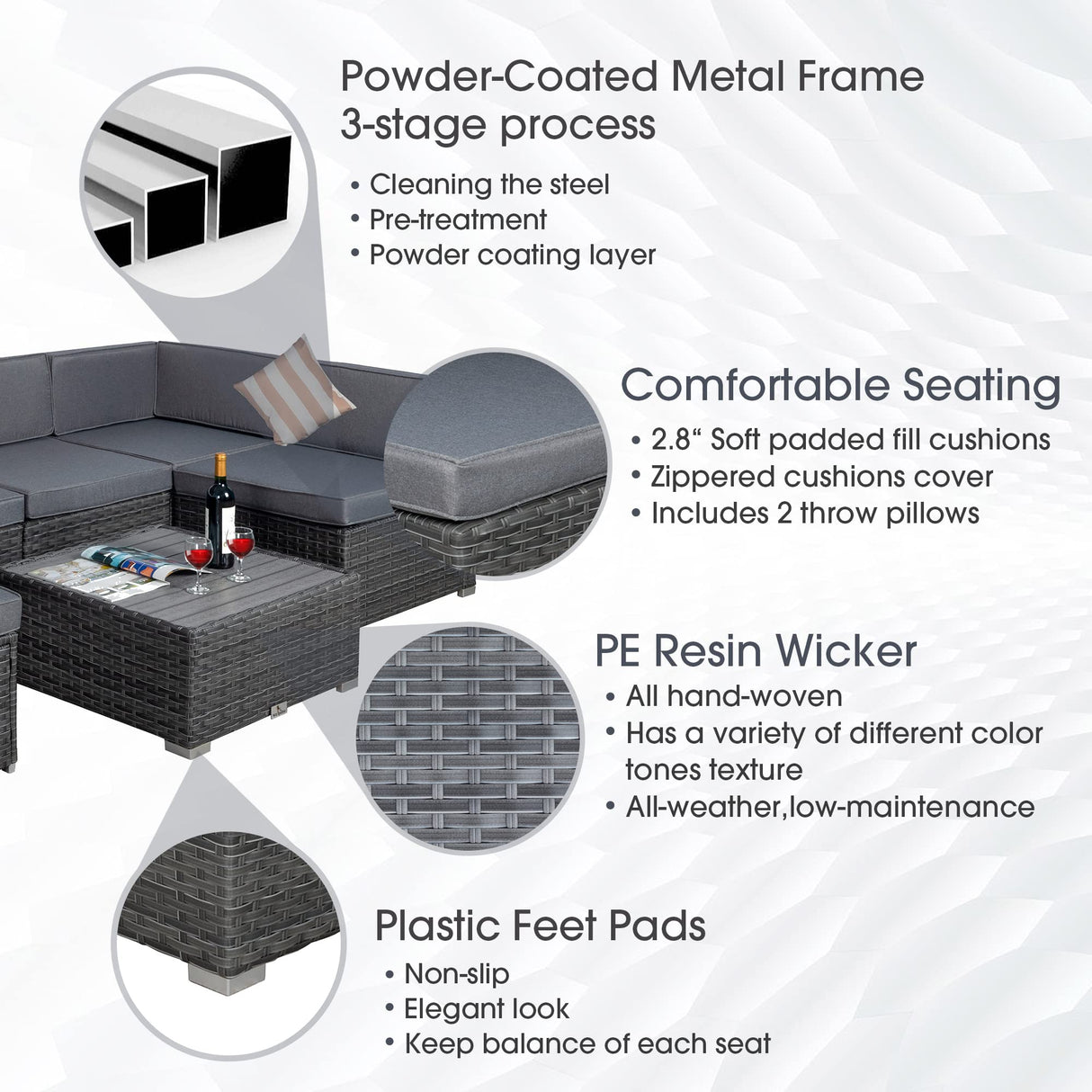 Welpatio Outdoor Patio Furniture Sets, 7 Pieces PE Rattan Wicker Outdoor Sectional Sofa Patio Conversation Set with Cushions and Coffee Table, Light Gray/Gray Welpatio