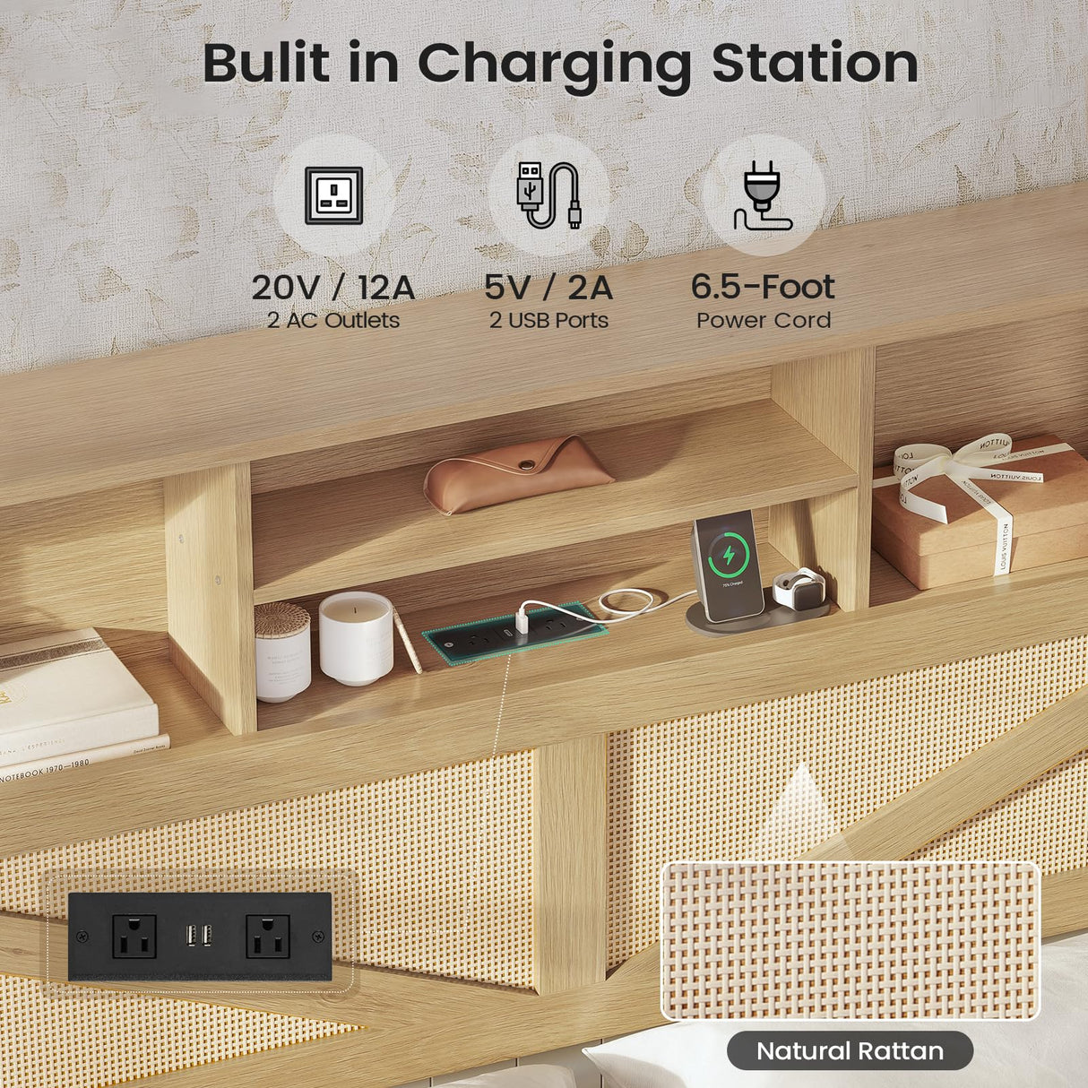 AOGLLATI Queen Bed Frame with 4 Storage Drawers and 2-Tier Bookcase Hidden Headboard, Rattan Led Bed Frame Queen Size with Charging Station, No Box Spring Needed, Wood AOGLLATI