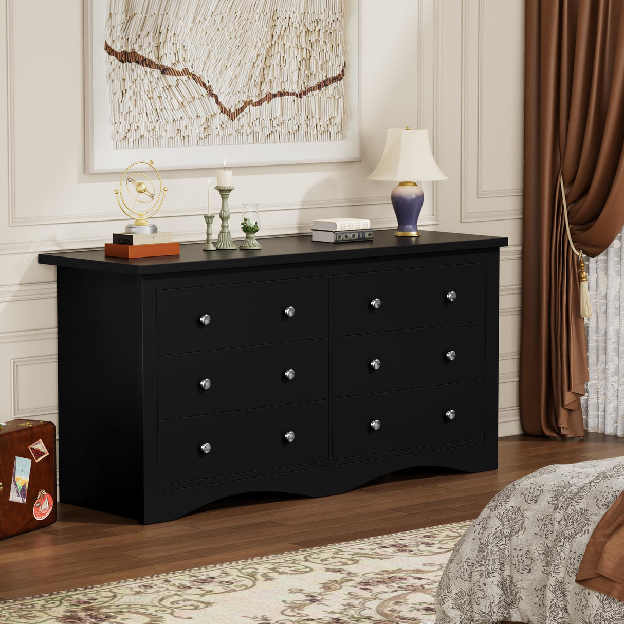 YESHOMY Dresser for Bedroom with 6 Drawers, Modern Chest of Drawers, Wooden Dressers, TV Stand for Living Room,Closet, Hallway (Black)