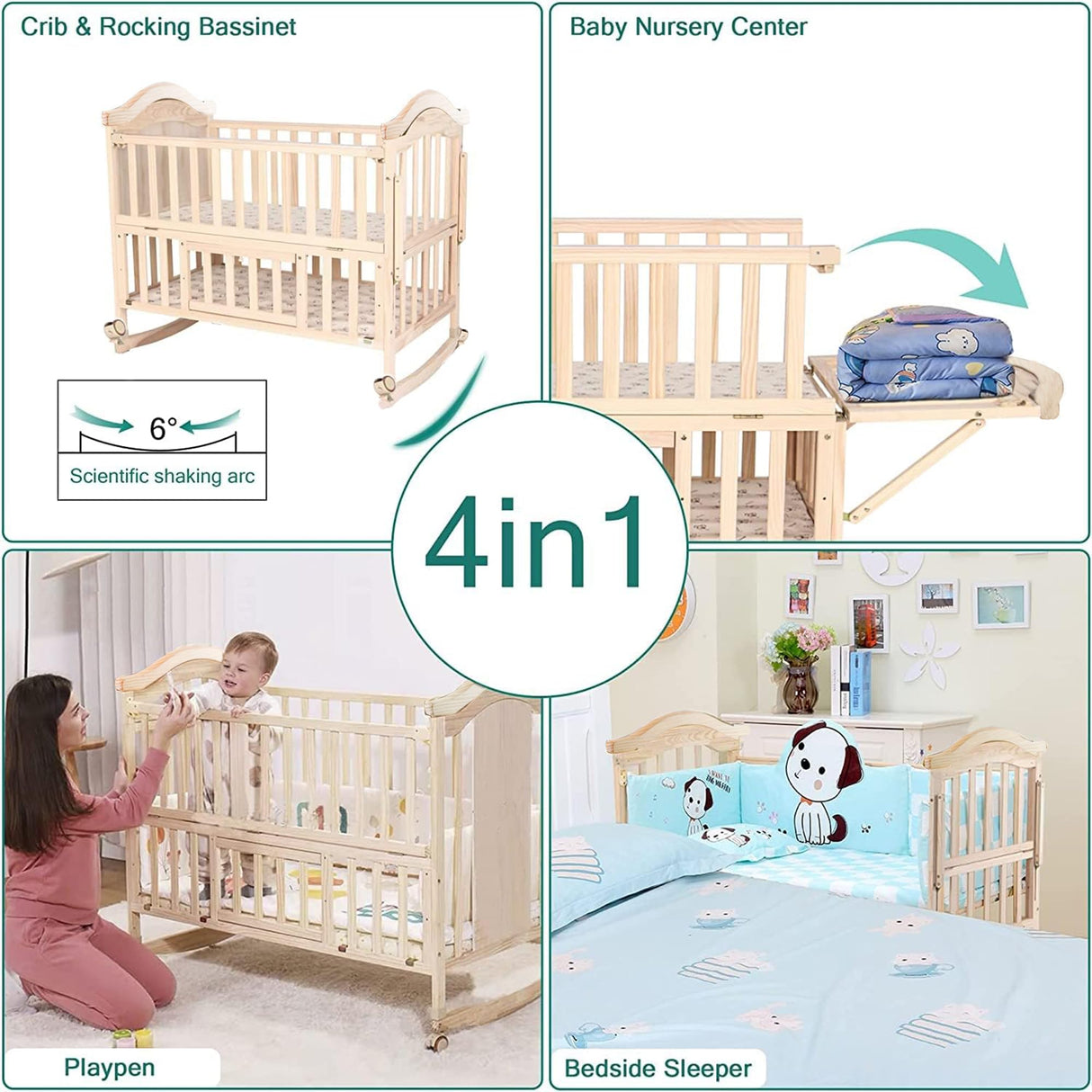 Mini Baby Crib 4 in 1 Convertible with Memory Foam Mattress(38"by 24") Included,cunas para Bebes 2024 Natural Wood Portable Crib with Foldable Storage Baby Playpen, Bassinet Bedside Sleeper,Baby Beds Styhigh