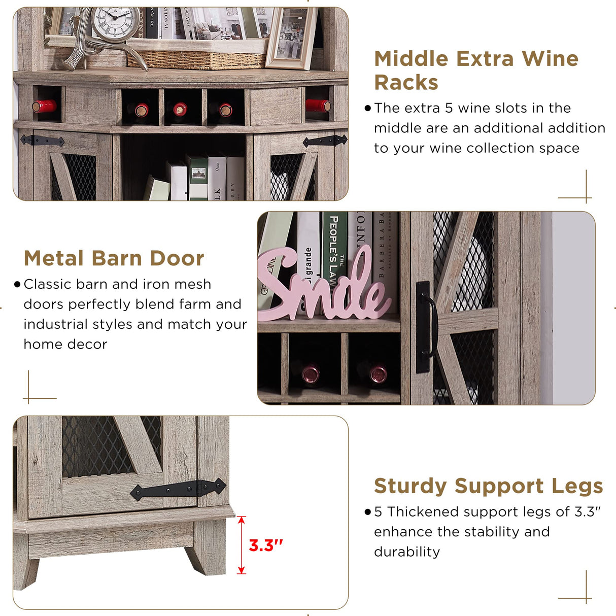 OKD Corner Bar Storage Cabinet, 72" Tall Farmhouse Wine Bar Cabinet w/Barn Door & Adjustable Shelf, Home Bar Cabinet w/LED Light & Glass Rack for Dining Room, Living Room, Kitchen, Light Rustic Oak OKD