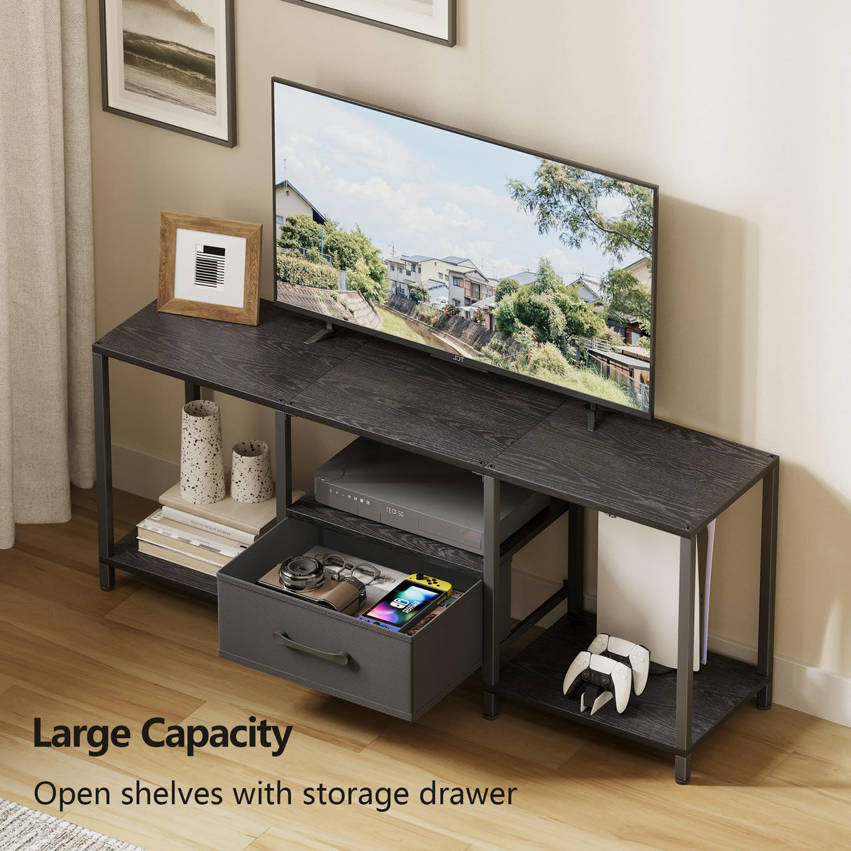 JARHETUN TV Stand with Fabric Drawer for 55 Inch TV, Entertainment Center with Open Shelves, Media TV Console Table for Living Room, Bedroom, Black JARHETUN