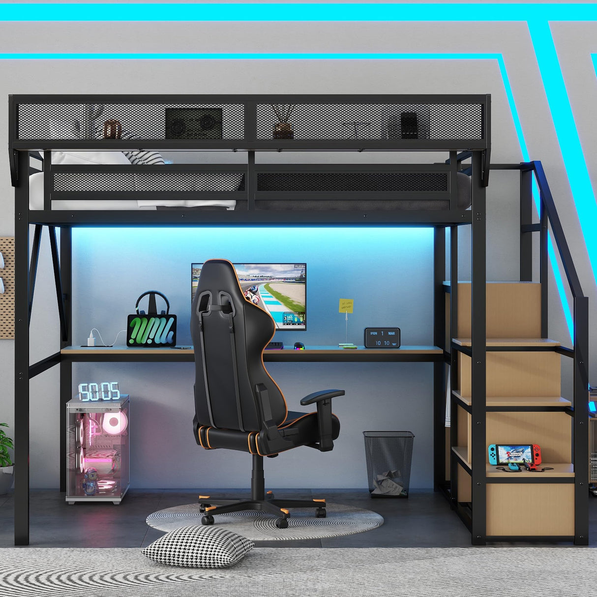 Queen Size Gaming Loft Bed with Stairs and Desk, Metal Loft Bed Frame with Bedside Shelf and Light, Heavy-Duty Adults Lofts Beds with Storage Wardrobe & Charging Station, Black Aurnienofus