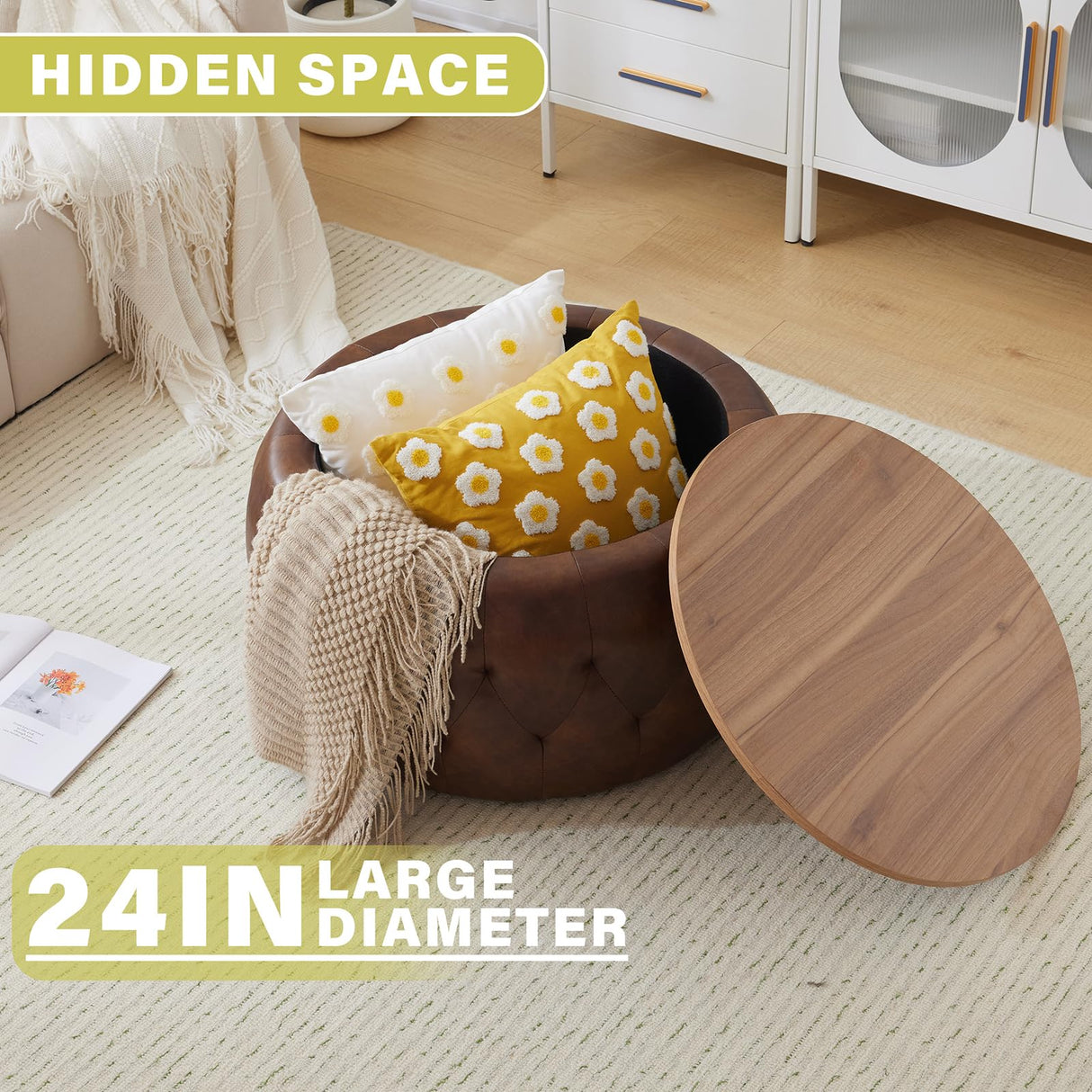 YDcosyfy PU Leather Round Storage Ottoman with Wooden Lid, 25 Inch Tufted Circle Ottoman Footrest Stool Bench Coffee Table for Living Room,Brown YDcosyfy