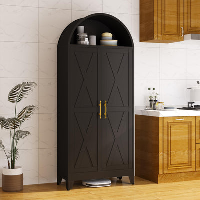 AUEYTVR 73" Metal Tall Arched Kitchen Pantry Cabinet,Arched Bookshelf China/Curio Cabinet Farmhouse Kitchen Storage Cabinets with 2 Doors&4 Adjustable Shelves,Glass Door for Dining Room