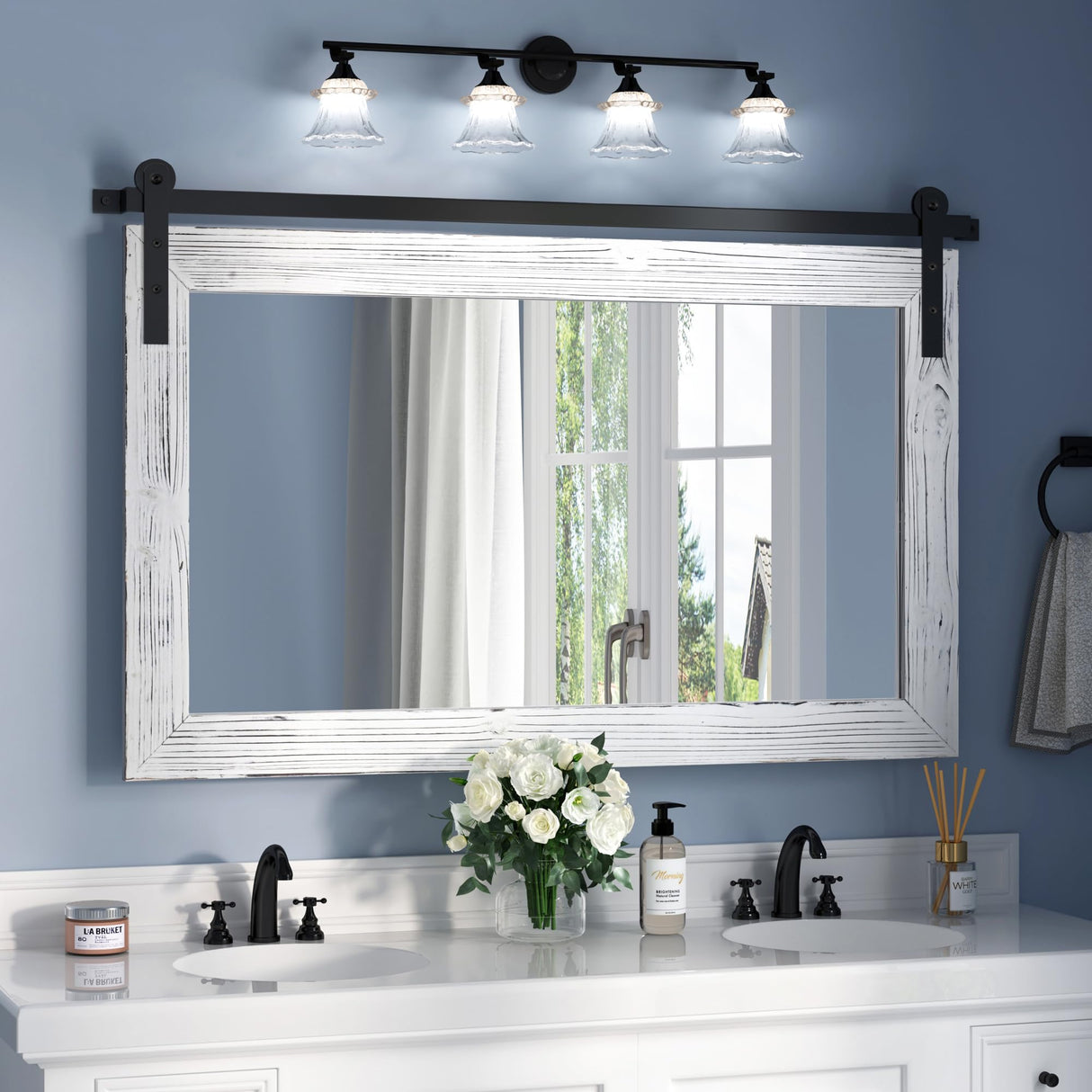 COGOOD Farmhouse Barn Door Mirror - 41" x 26" Rustic Wood Framed Wall Mirror for Bathroom, Living Room, Bedroom Wall Decor (White) COGOOD