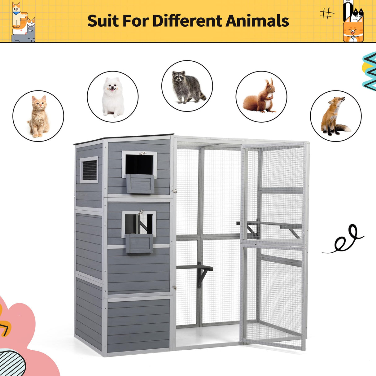COZIWOW Large Wood Cat Catio, Outdoor Cat Enclosure with Weatherproof Roof, 2 Resting Rooms, 2 Platforms, 4-Tier Cat Playpen, 76.18" L x 33.46" W x 70.08" H, Grey COZIWOW