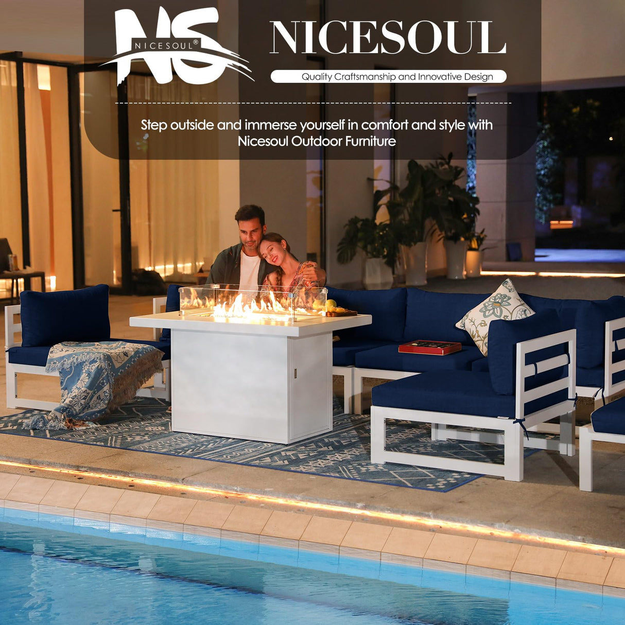 NICESOUL 11 Piece Oversized Luxury Aluminum Outdoor Sectional Sofa with Lounge, Weather Resistant Modular Patio Furniture Set, 500 lbs Heavy Duty Conversation Couch for Poolside Garden, Navy Blue NICESOUL