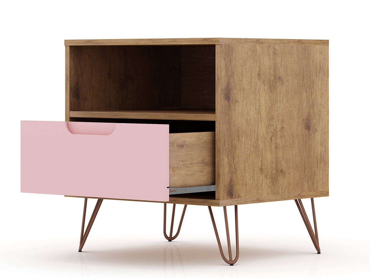 Manhattan Comfort Rockefeller Nightstand with Drawer and Cubby, Mid Century Modern Bedside Table, Minimalist Display and Storage Organizer, Ideal for Bedroom and Living Room, Nature/Rose Pink Manhattan Comfort