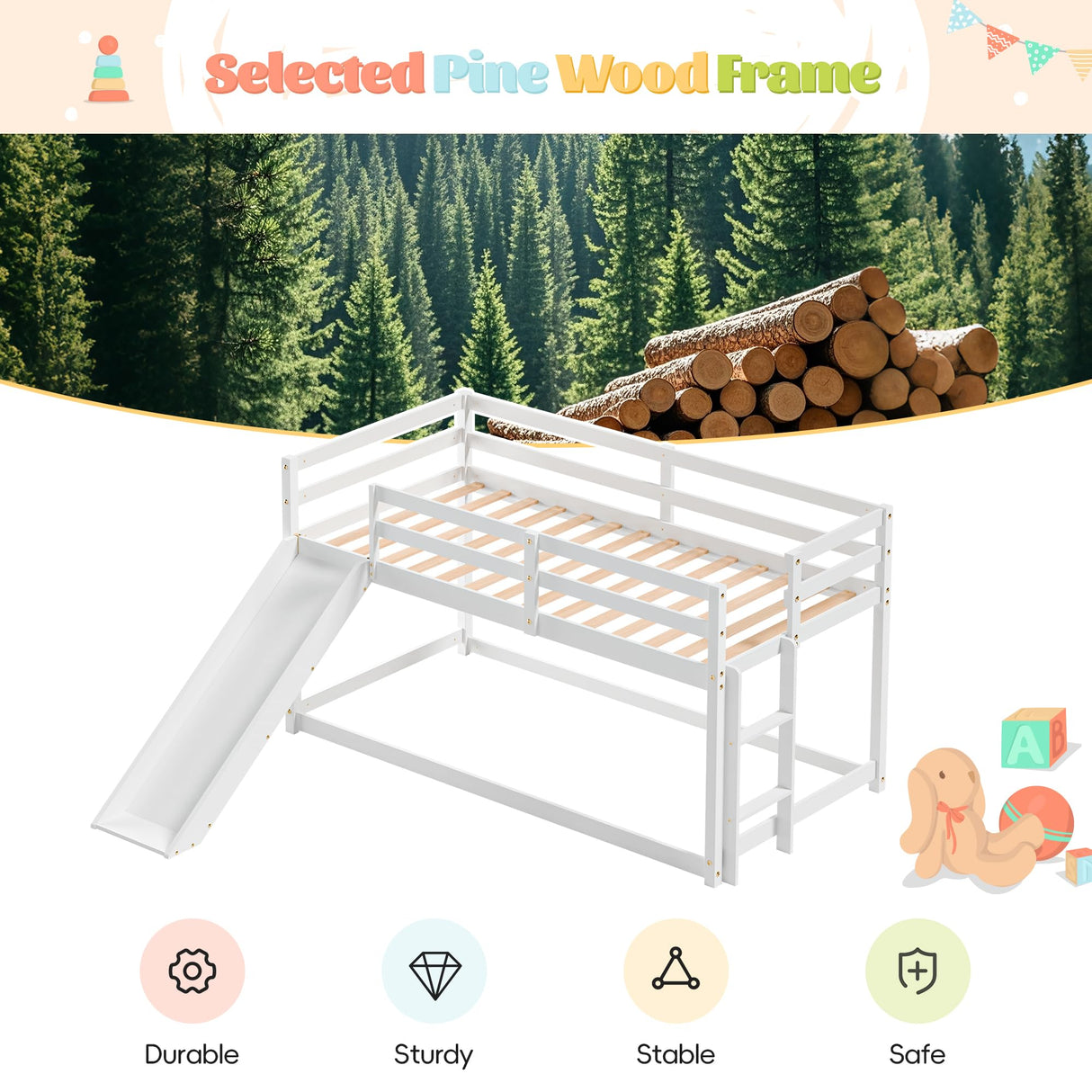 MU Twin Bunk Bed with Slide, Wood Low Bunk Bed Frame with Climbing Ladder & Safety Guard Rail, Floor Loft Bed with Lower Storage Space for Kids Toddler, White MU