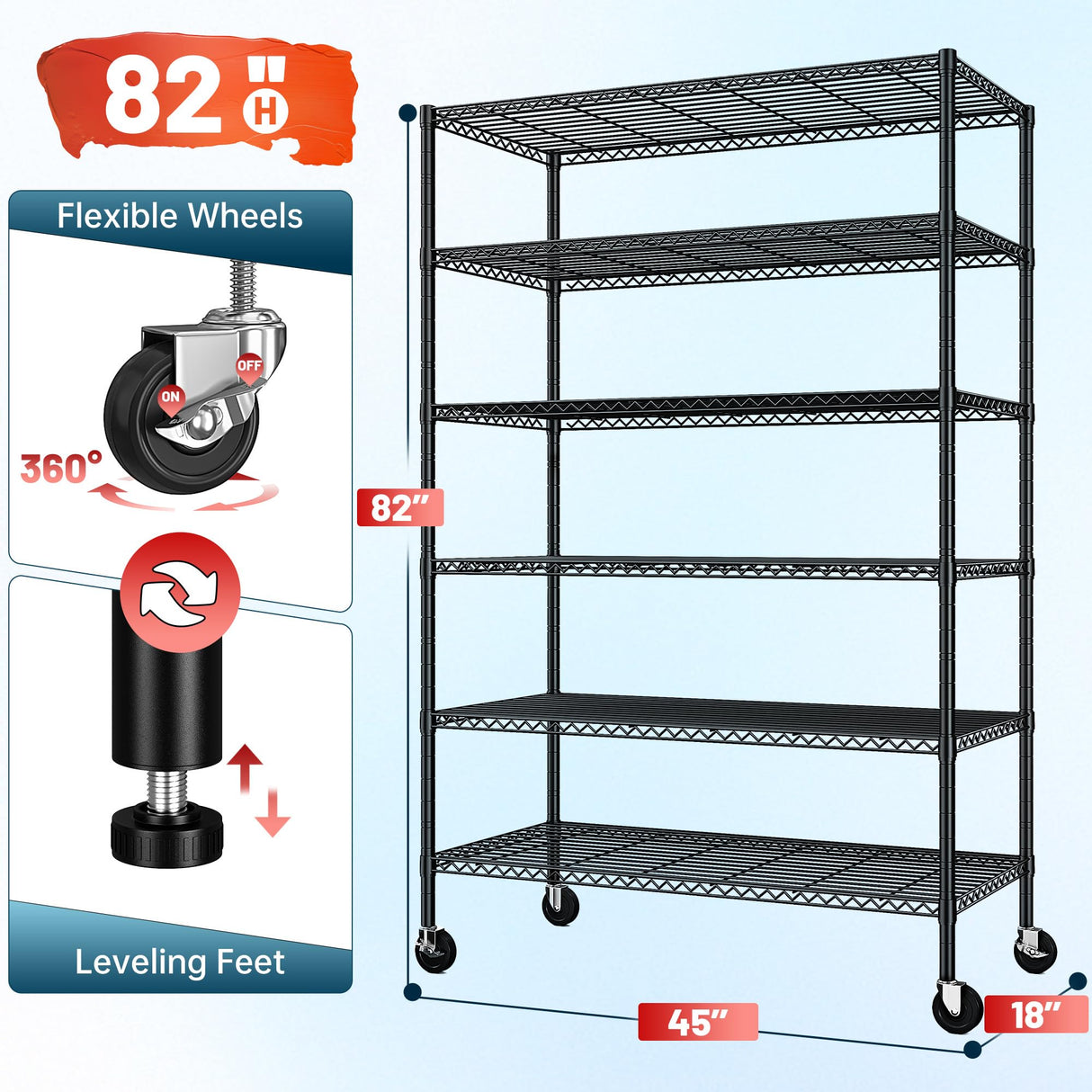 Romorgniz 82" H X45 W X18 D Storage Shelves with Wheels, 6 Tier Wire Shelving Adjustable Metal Shelving Pantry Shelves Capacity 1200LBS for Garage Shelving, Pantry, Kitchen, Closet, Commercial, Black Romorgniz