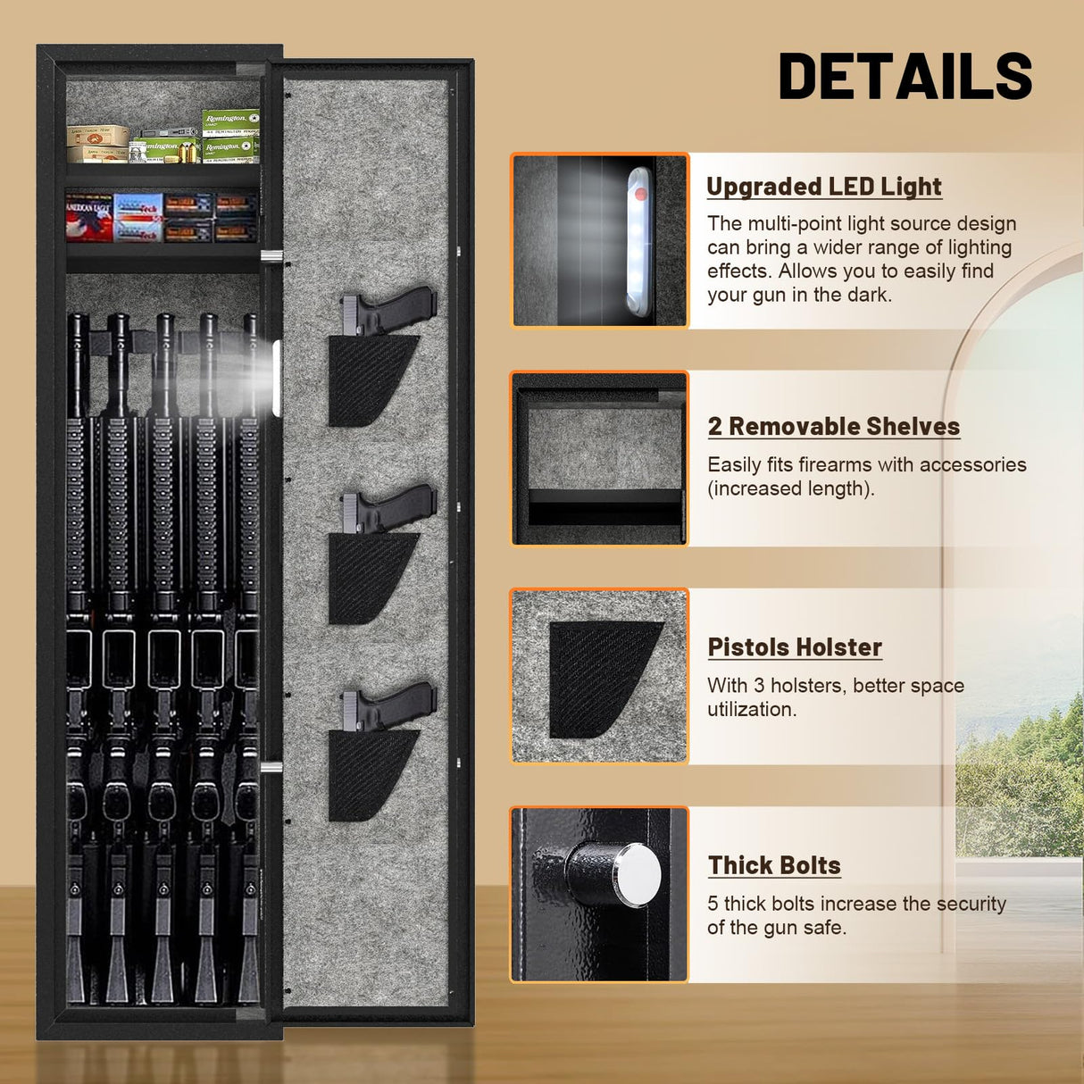 EMAXEE 5-6 Gun Safe Rifle, Gun Safes for Home Rifle and Pistols, Gun Cabinet with Privacy Virtual Password and Alarm Function, Rifle Safe with 2 Removable Shelves and Adjustable Racks for Shotguns EMAXEE