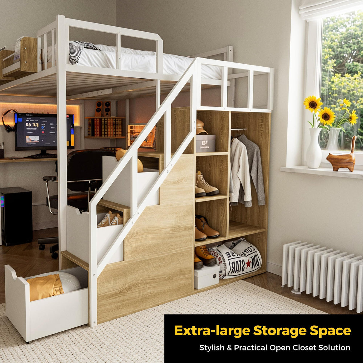 advwin Full Size Loft Bed with Desk and Stairs, Storage Drawers and Shelves, Charging Station, LED Light, Safety Guardrail & Ladders, Metal Loft Bed Frame Gaming Bed for Adult, Space-Saving, White advwin