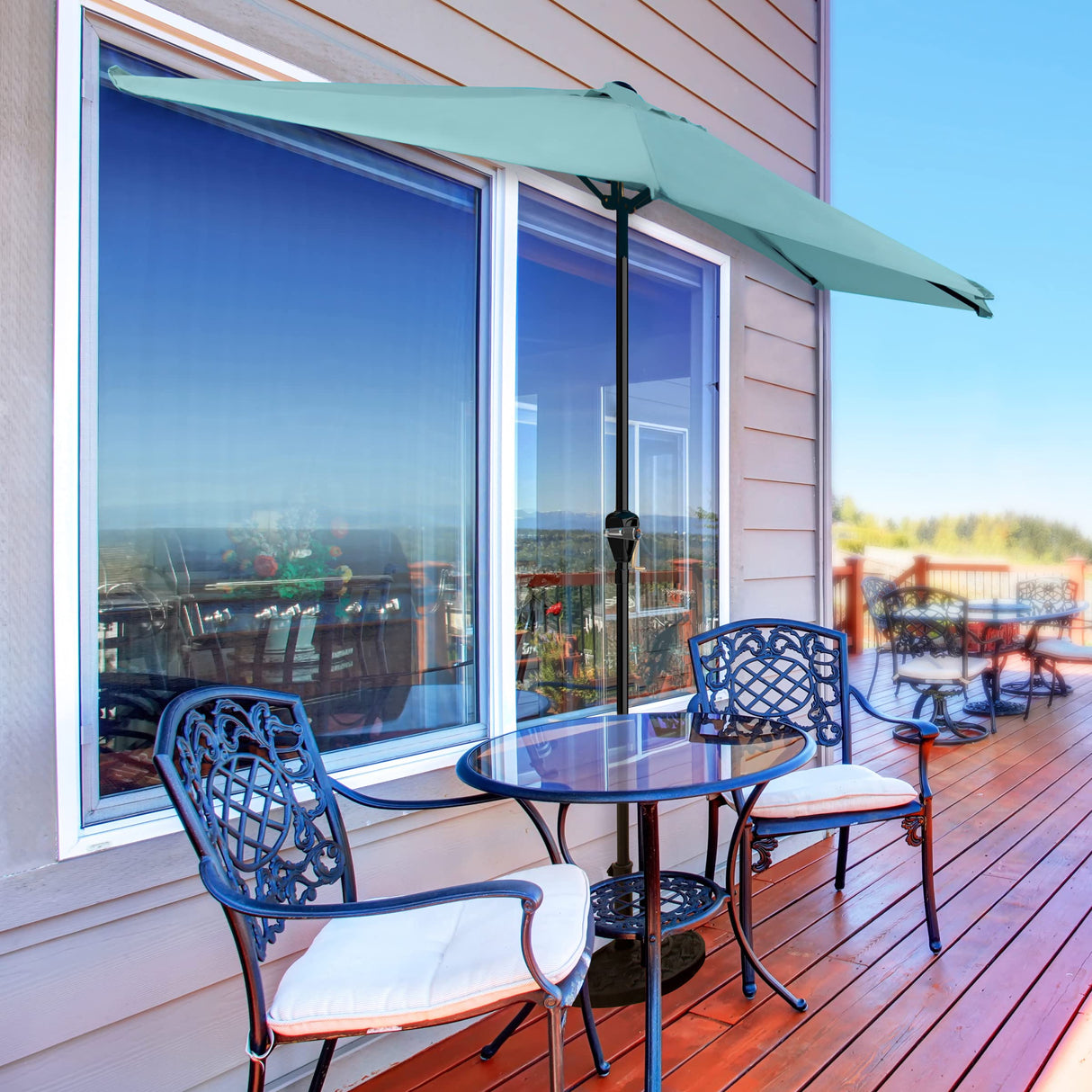 Half Umbrella Outdoor Patio Shade - 9 ft Patio Umbrella with Easy Crank - Small Canopy for Balcony, Table, or Deck by Pure Garden (Blue) Pure Garden