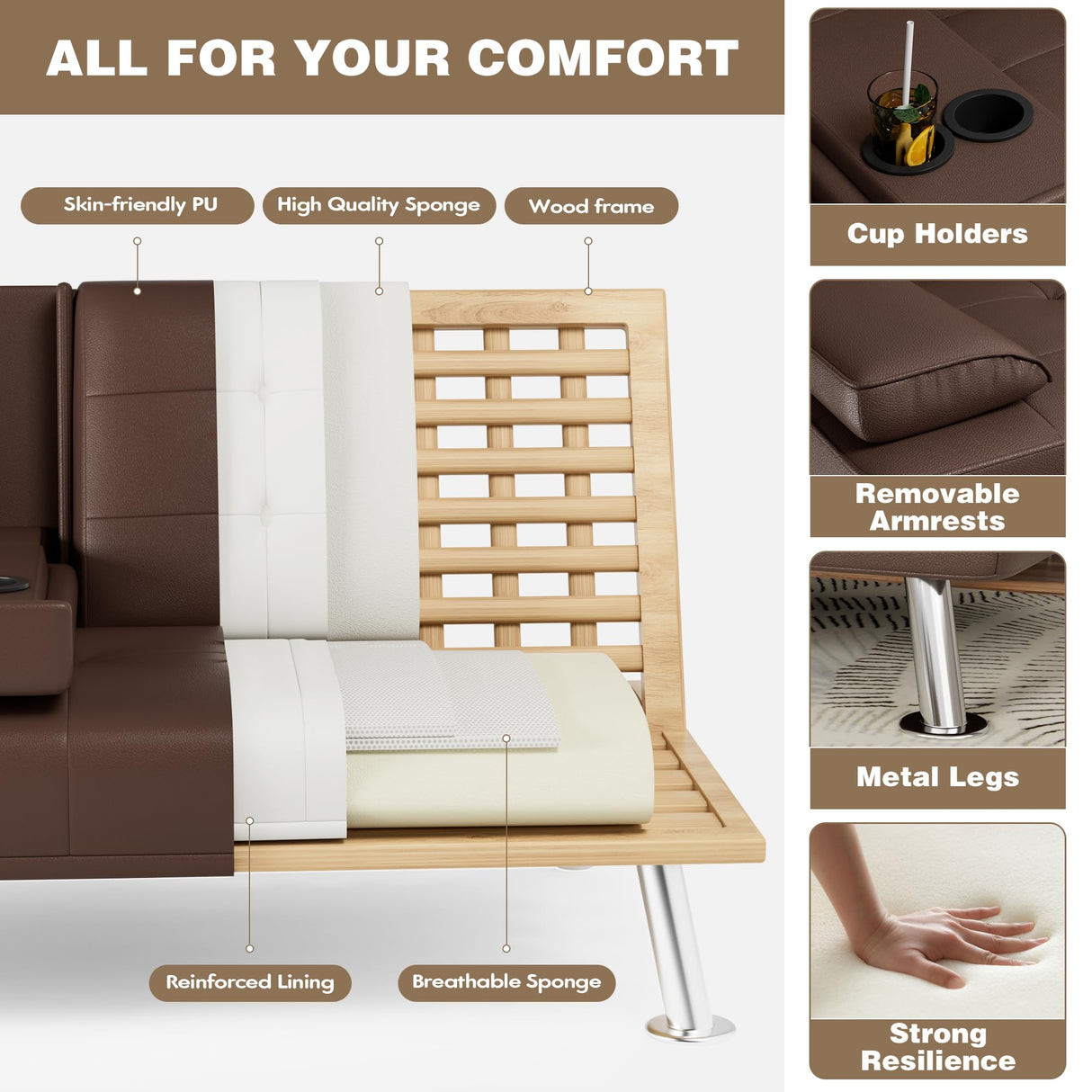 Homall Futon Sofa Bed, Leather Futon Couch with Removable Armrests, Adjustable Recliner Sleeper Sofa Bed with Dual Cup Holders for Living Room, Apartment, Office (Brown) Homall