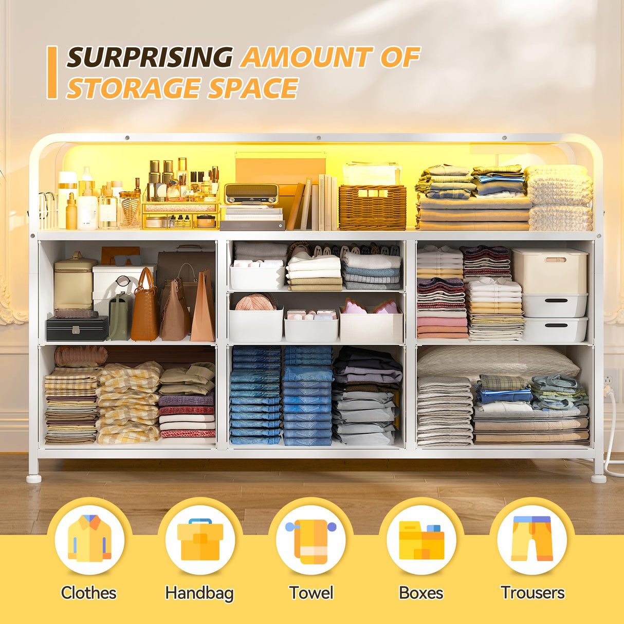 EnHomee White Dresser for Bedroom with LED Lights & Charging Station, 7 Drawer Dresser with Open Shelf, Fabric Bedroom Dressers & Chest of Drawers for Closet, Entryway, Hallway, 4 Hooks EnHomee