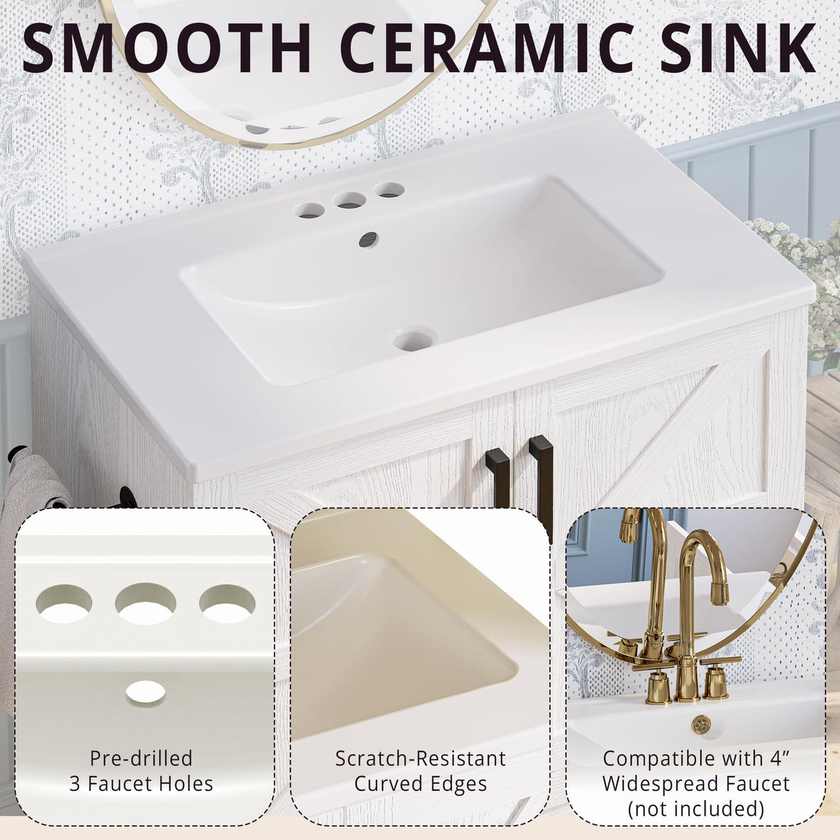 IRONCK Bathroom Vanity, 30" Bathroom Vanity with Sink, Farmhouse Wood Fixture Stand Pedestal Bathroom Cabinet with Drawer, Easy Assembly IRONCK