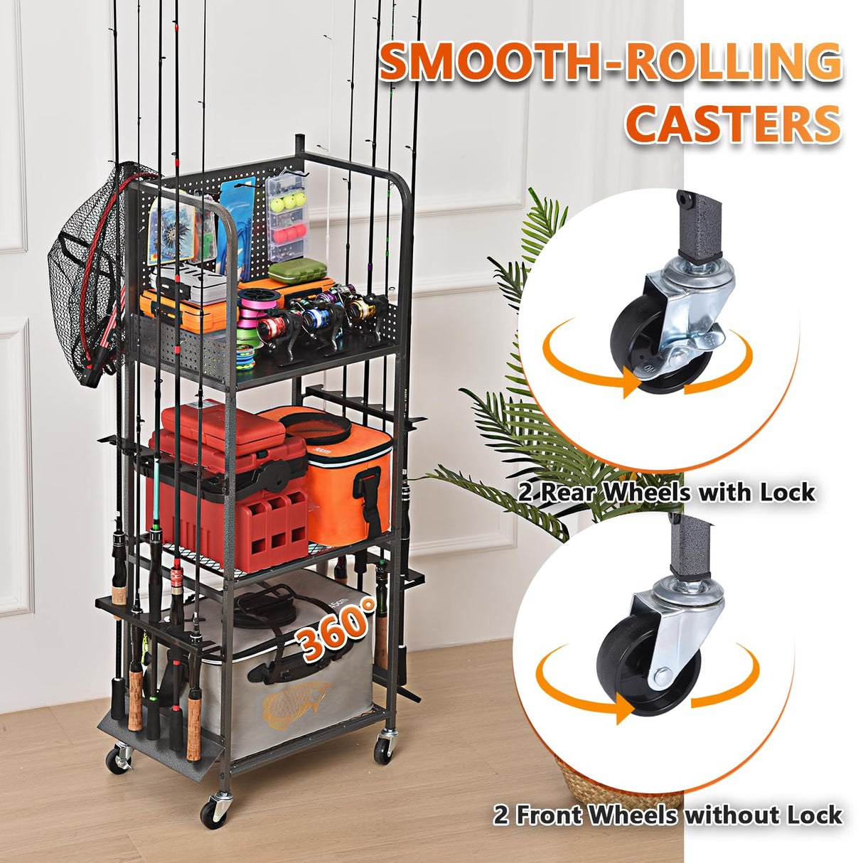 Lezbanz Heavy Duty Fishing Rod Rack with Pegboard & Hooks, Fishing Organizer for Garage Holds Up to 10 Rods, 3-Tier Fishing Gear Holder for Garage with Movable Wheels Lezbanz