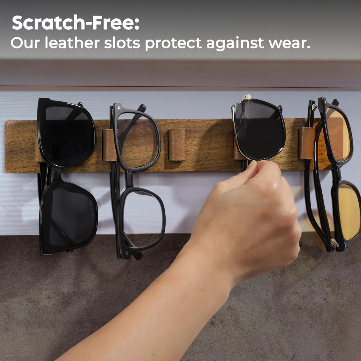 Spaceneat Sunglass Holder for Wall - Keep Your Eyewear Safe & Secure - Eyeglass Organizer for Multiple Glasses Display, Hanging Sunglasses Storage Stand, Reading Glasses Holder Rack - Walnut, 5 Slot Spaceneat