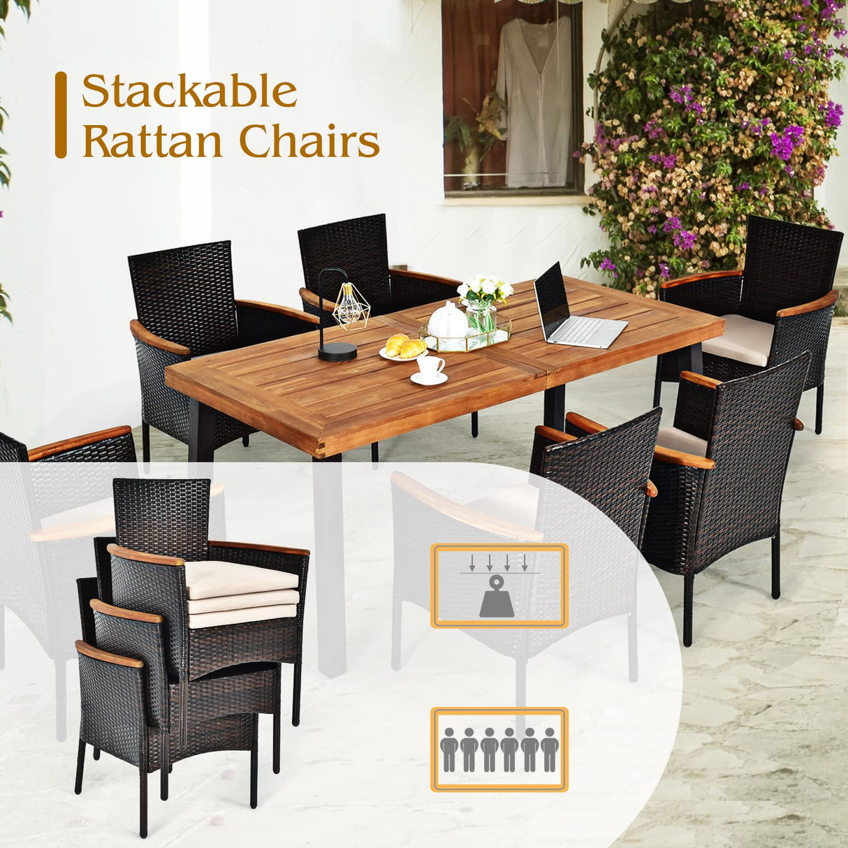 Tangkula 7 Pieces Patio Dining Set, Patiojoy Outdoor Conversation Set w/Acacia Wood Top Table & 6 Stackable Rattan Chairs, Wicker Dining Furniture w/Umbrella Hole, Steel Frame, Sponge Seat Cushions Tangkula