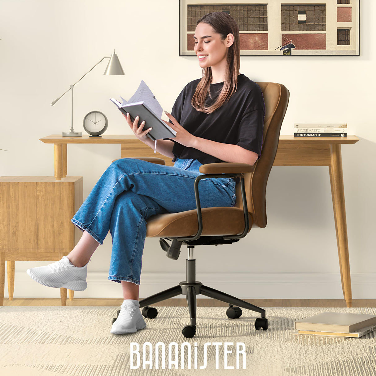 Bananister Brown Leather Desk Chair, Vintage Desk Chair with Wheels and Arms, Height Adjustable Mid Century Modern Desk Chair Bananister