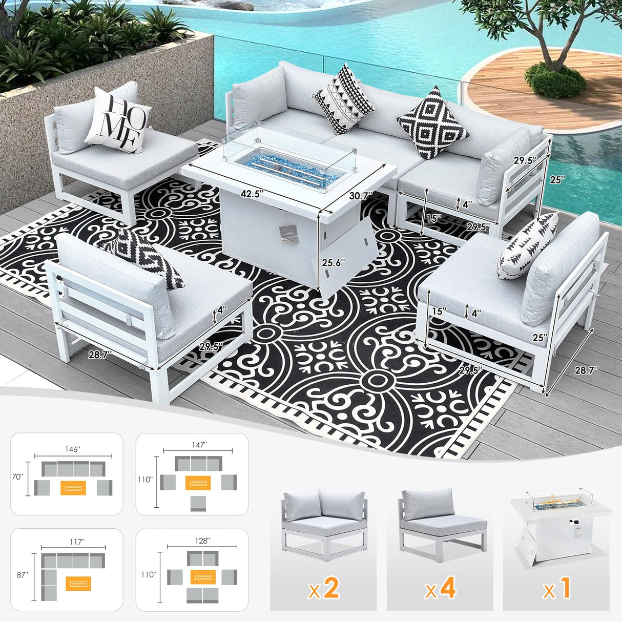 RADIATA 6 Person Large Modern Aluminum Outdoor Patio Furniture Set with Fireplace, 29" Wide Deep Seating, U Shaped Combo Sectional Couch, Water Resistant Conversation Set for Backyard Terrace, White RADIATA