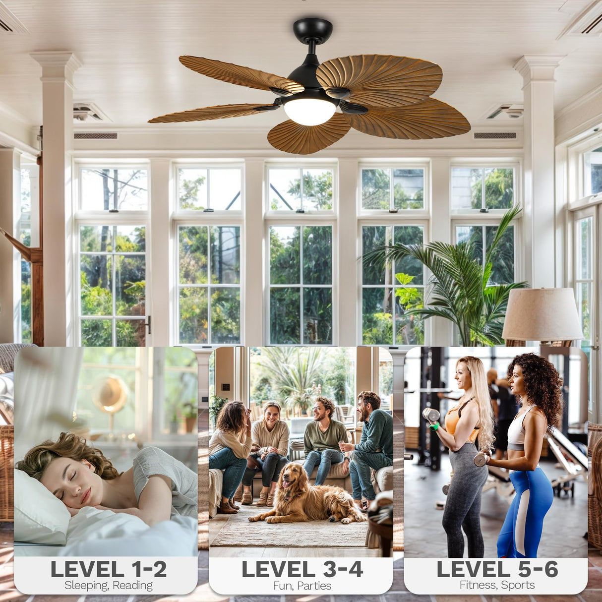 DWVO 52" Tropical Ceiling Fan with Light & Remote, LED Tri-Color Temperature, 5 Blade Ceiling Fans Reversible 6 Speeds w/Quiet DC Motor for Bedroom, Living Room, Dining Room, Patio DWVO