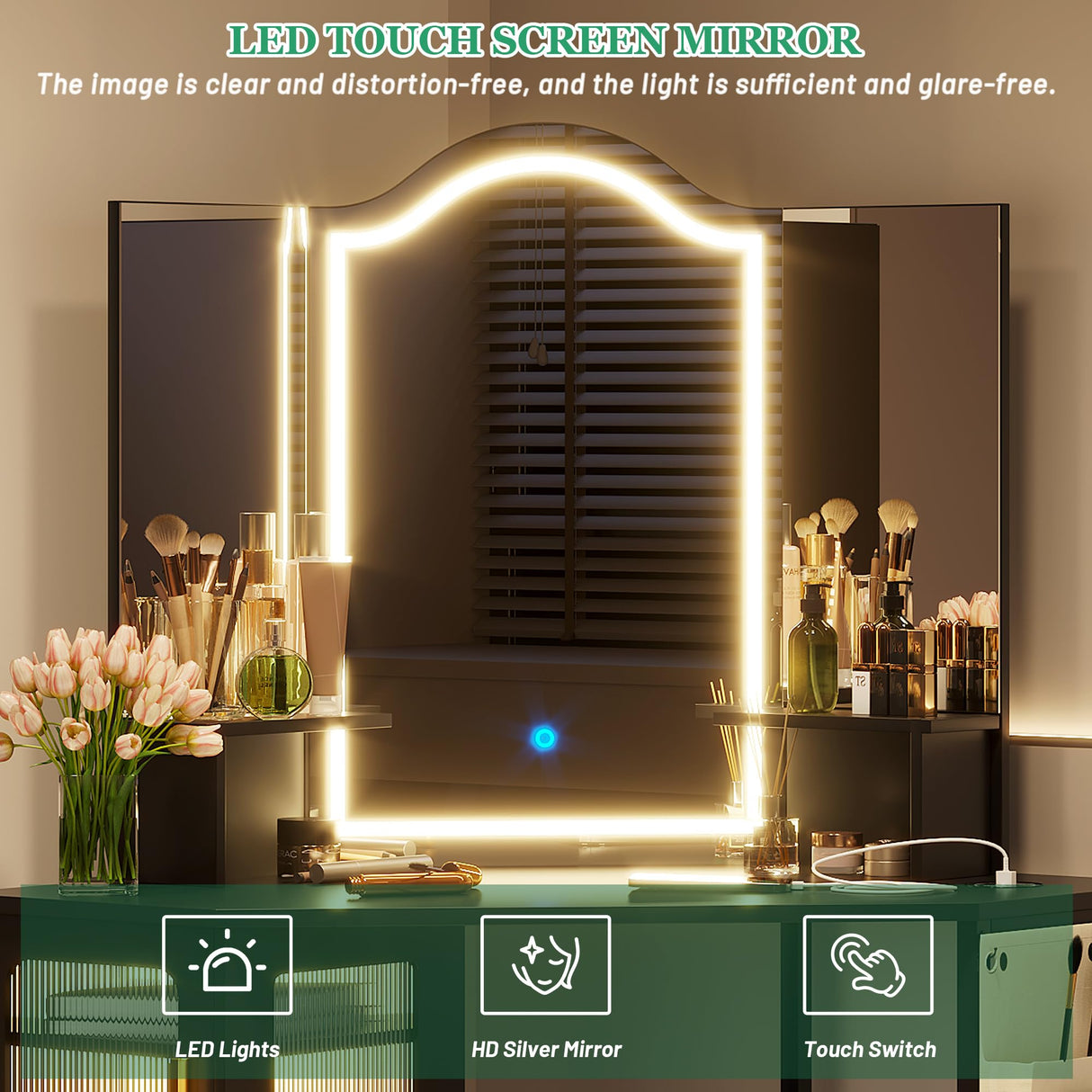 LVSOMT Corner Vanity Desk with Mirror and Lights, Makeup Vanity with Charging Station, Dressing Table with 3 Lighting Options, Vanity Set with Stool, Women’s Vanity for Bedroom, Black LVSOMT