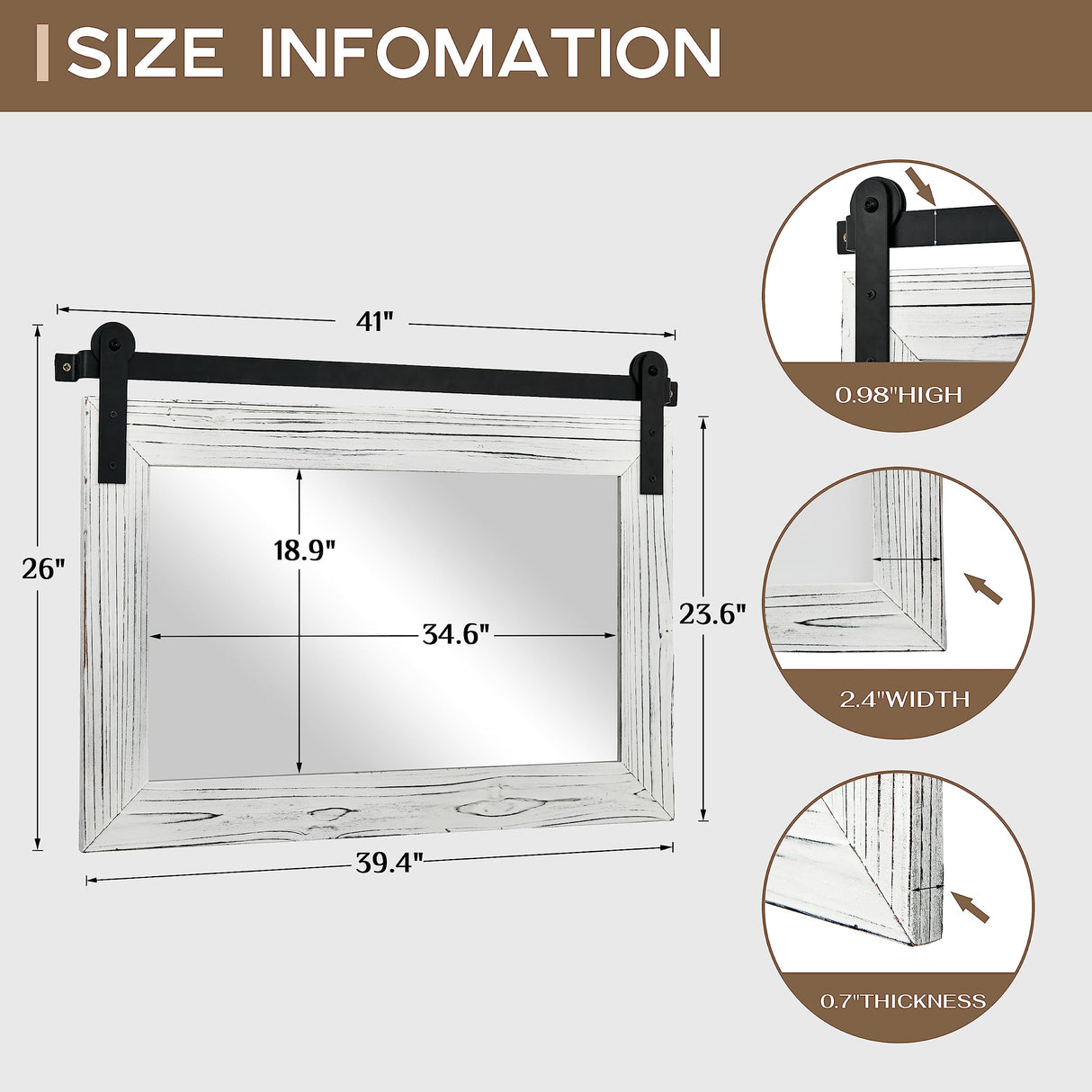 COGOOD Farmhouse Barn Door Mirror - 41" x 26" Rustic Wood Framed Wall Mirror for Bathroom, Living Room, Bedroom Wall Decor (White) COGOOD