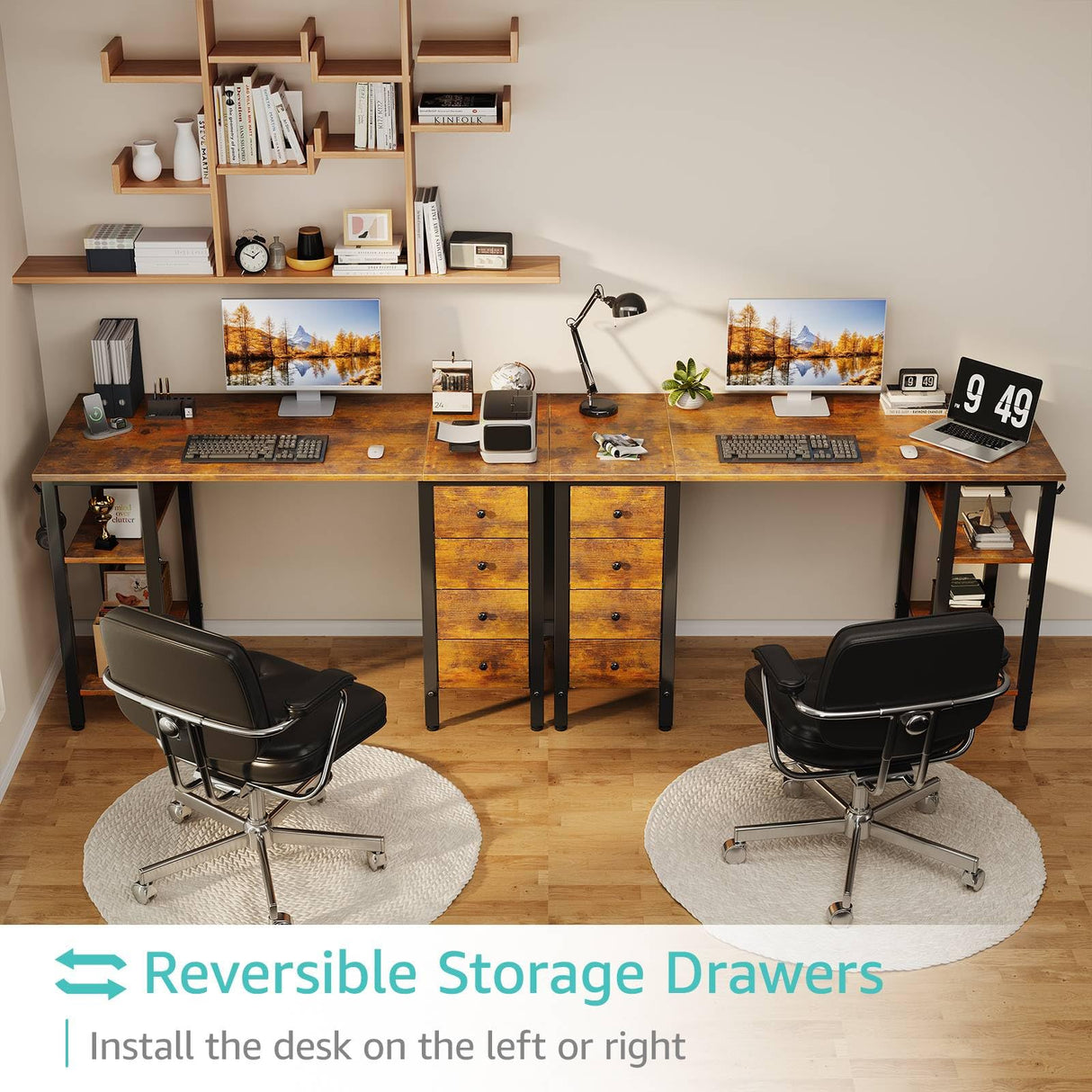 Lufeiya 47 inch Computer Desk with 4 Drawers & Storage Shelves, Writing Work Study Desk for Home Office Bedroom, Modern Simple Student PC Desks Table, Rustic Brown Lufeiya