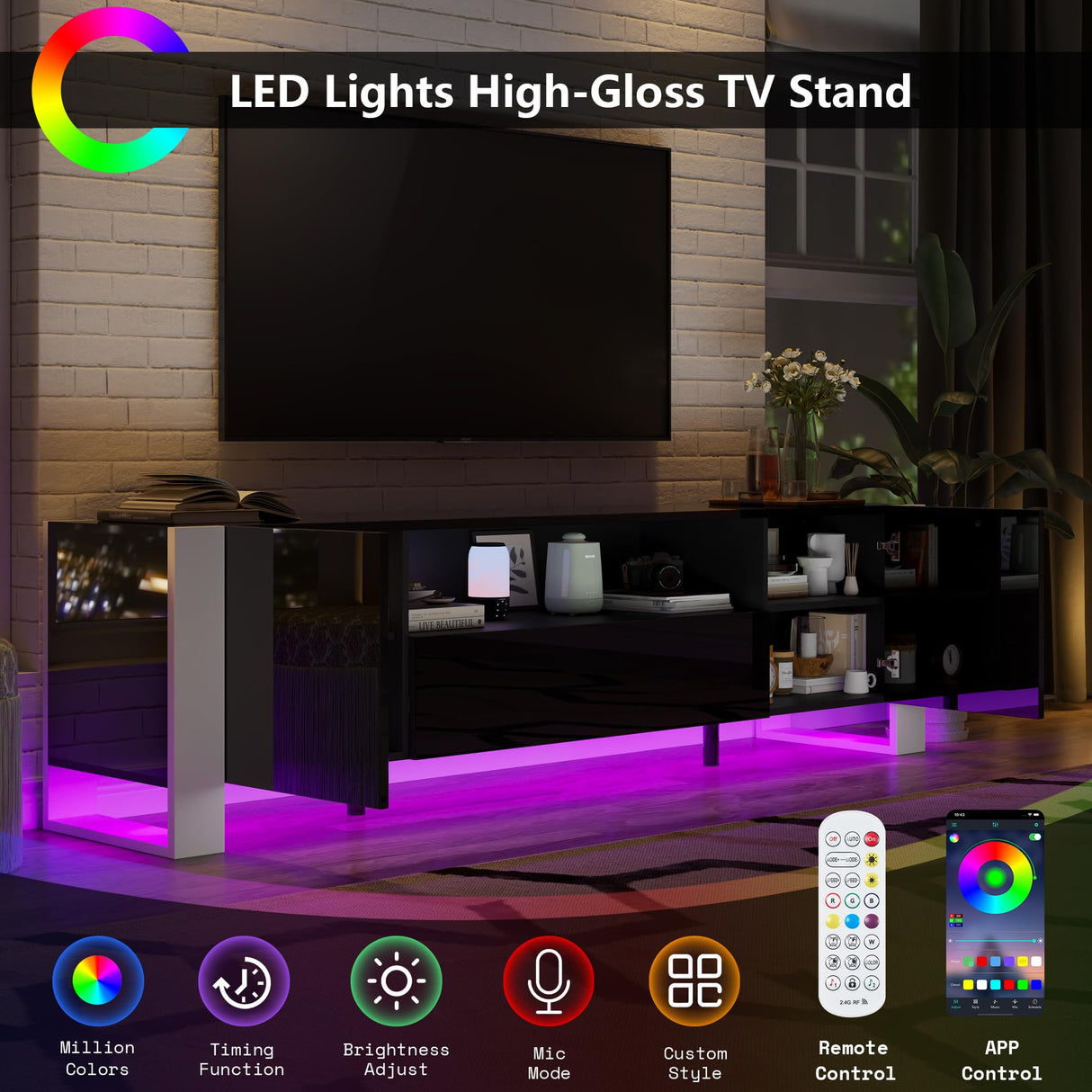 VanAcc 70" High Gloss TV Stand with Storage for Living Room, LED Entertainment Center for Bedroom, Wood U-Shaped Legs TV Cabinet for 80 Inch TV,Black VanAcc