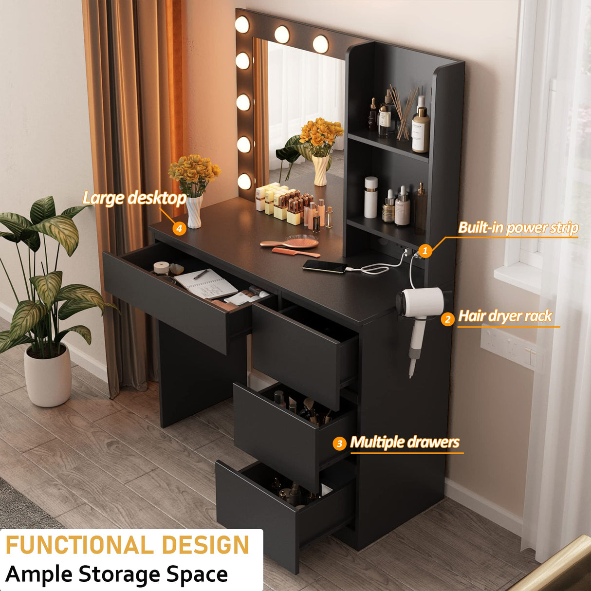 Vabches Makeup Vanity with Lights, 37inch Vanity Desk with Power Strip, 4 Drawers Makeup Table with Lighted Mirror, 3 Lighting Colors,Black Vabches