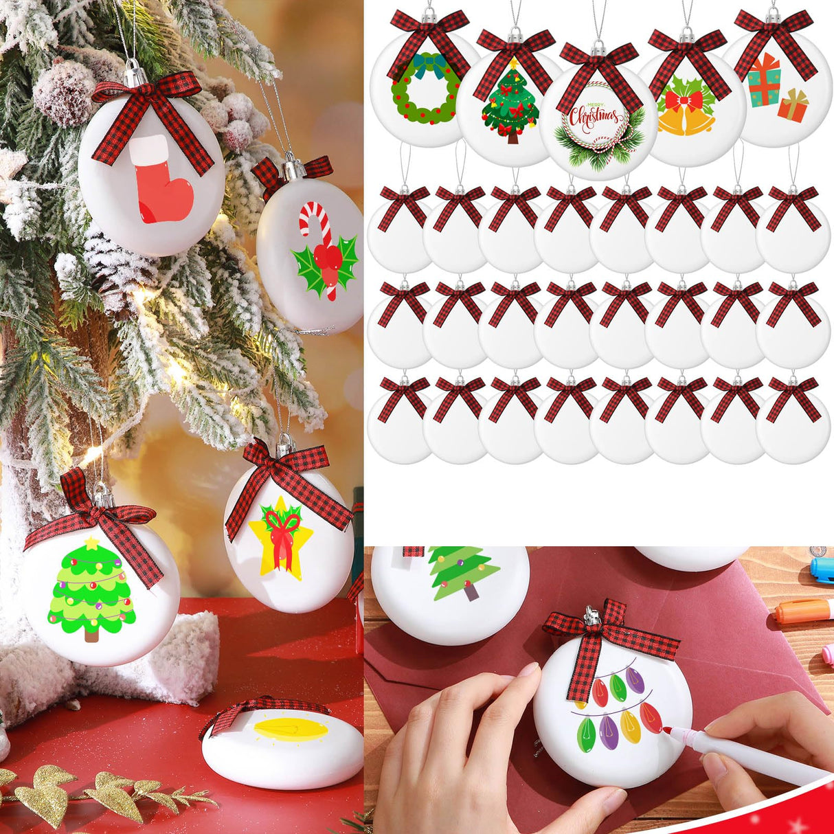 PullCrease 30 Pieces Blank Christmas Ornaments for Crafting, Sublimation Flat Ornaments DIY Matte White Ornaments Buffalo Plaid Bows Hanging Christmas Tree Balls for DIY Crafts (Silver Rope) PullCrease