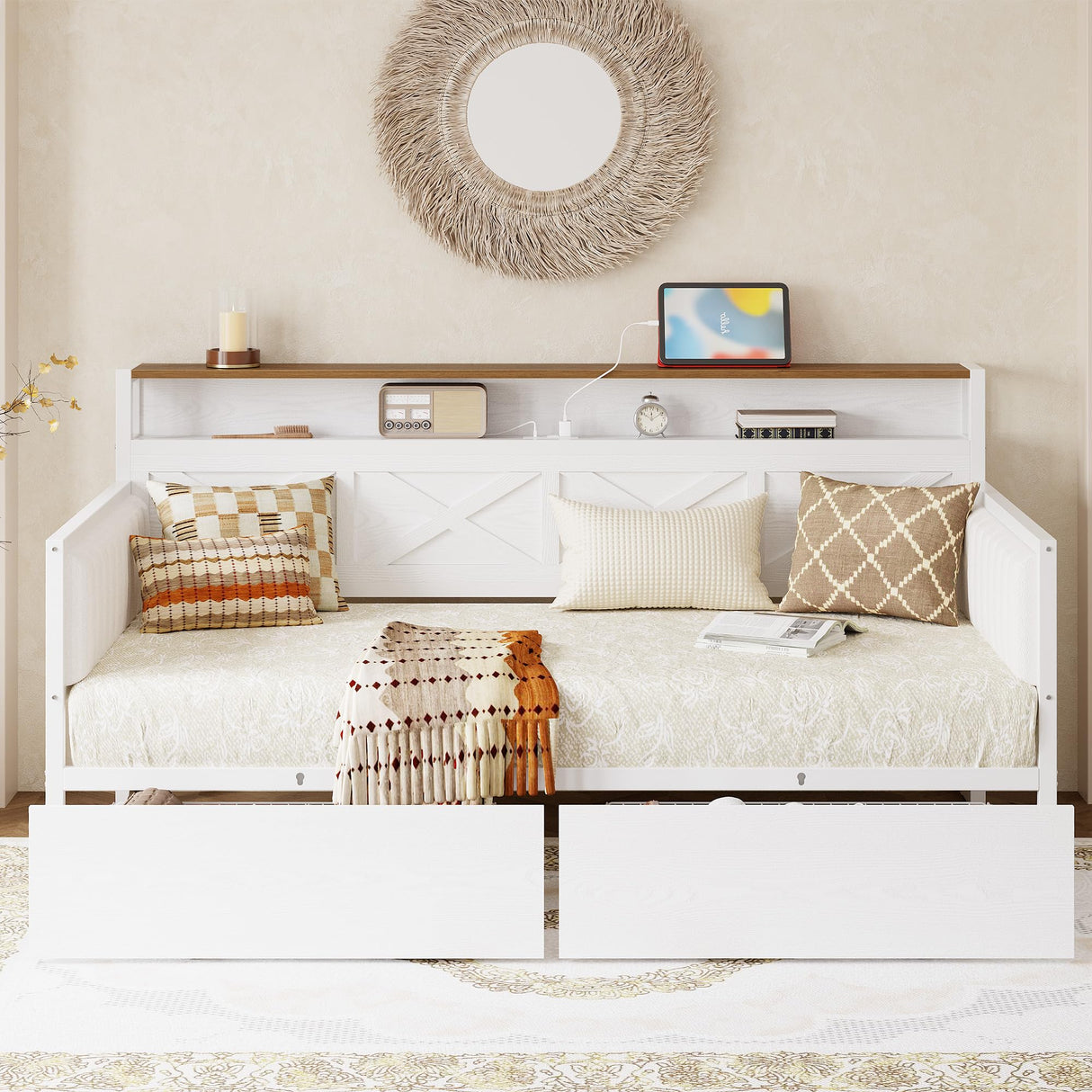 IRONCK Twin Size Daybed with Storage Drawers, Sturdy Metal Bed Frame with X-Shaped Headboard and Charging Station, Upholstered Farmhouse Daybed for Living Room, Bedroom, and Guest Room, White/Walnut IRONCK