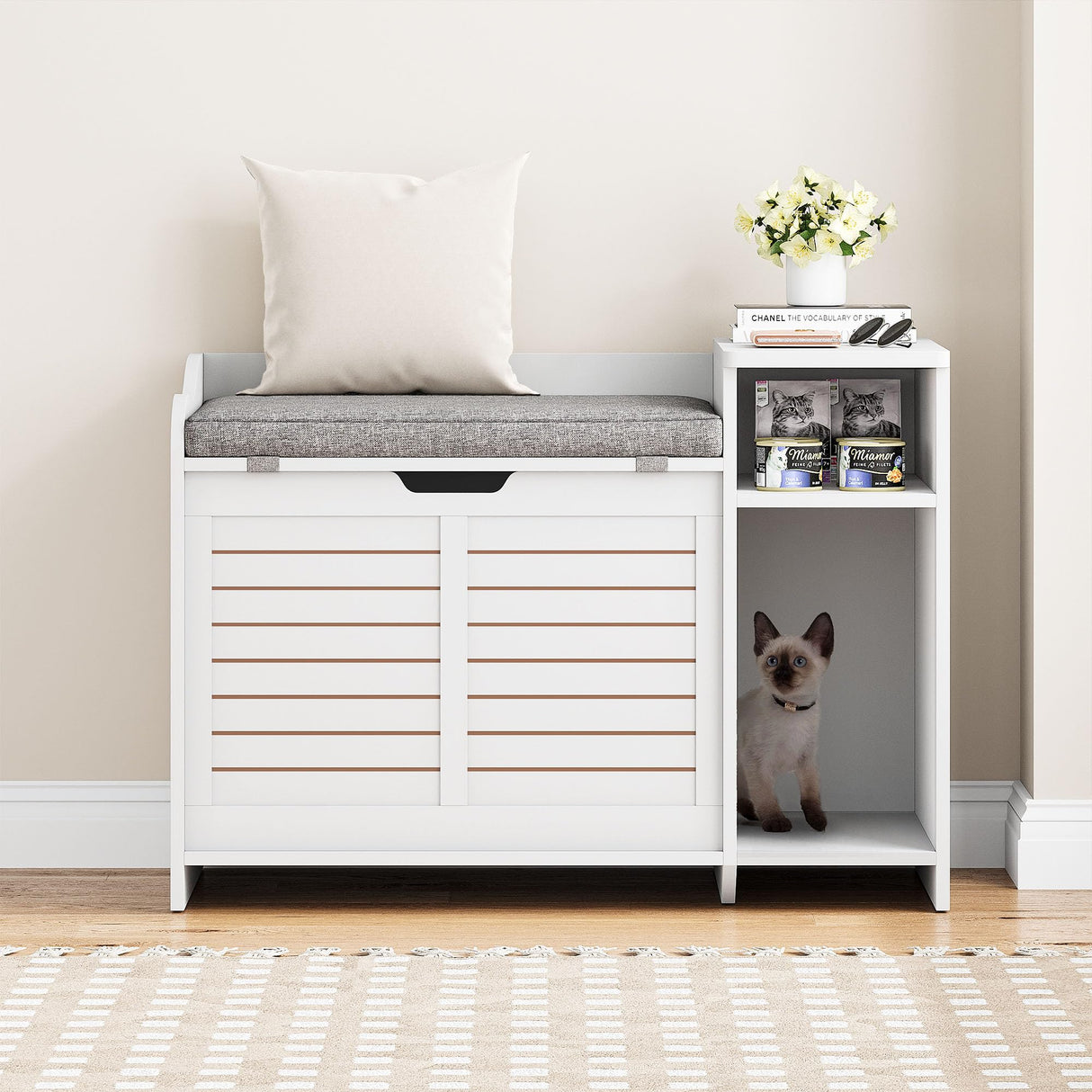 IDEALHOUSE Litter Box Enclosure with Top Opening with Cushion, Cat Litter Box Furniture Hidden, Litter Box Hidden, Cat House, Privacy Cat Litter Box Cabinet, White IDEALHOUSE