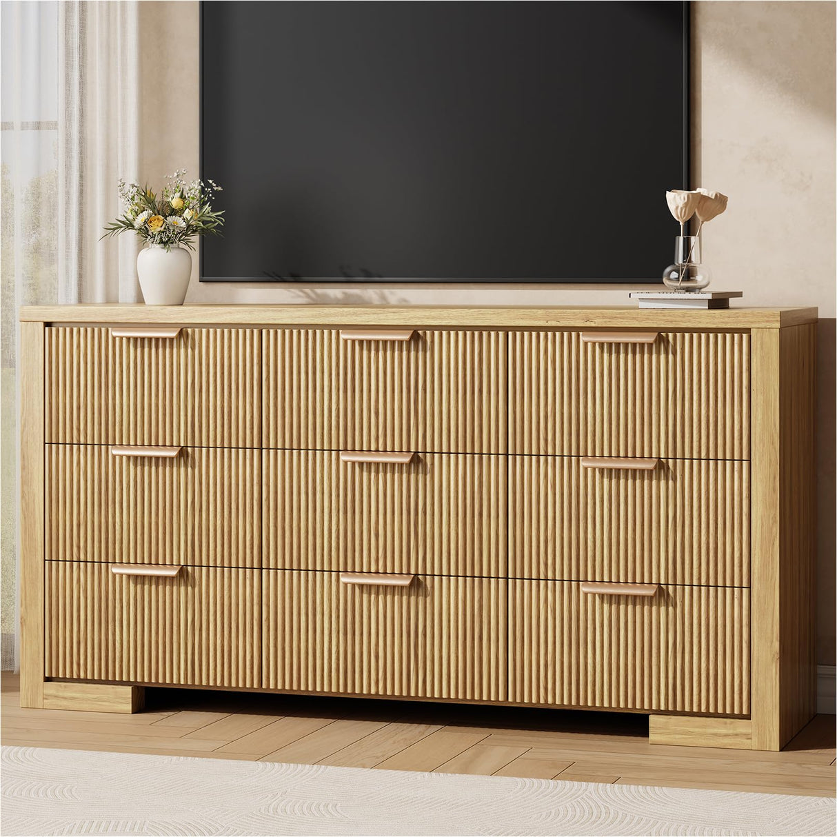 HOTALLOY Fluted Dresser for Bedroom, 9 Drawer Dresser with Gold Handle, 57" Wide Chest of Drawers, Modern Wood Dressers Organizer for Bedroom, Liveroom, Entryway, Natural Oak HOTALLOY