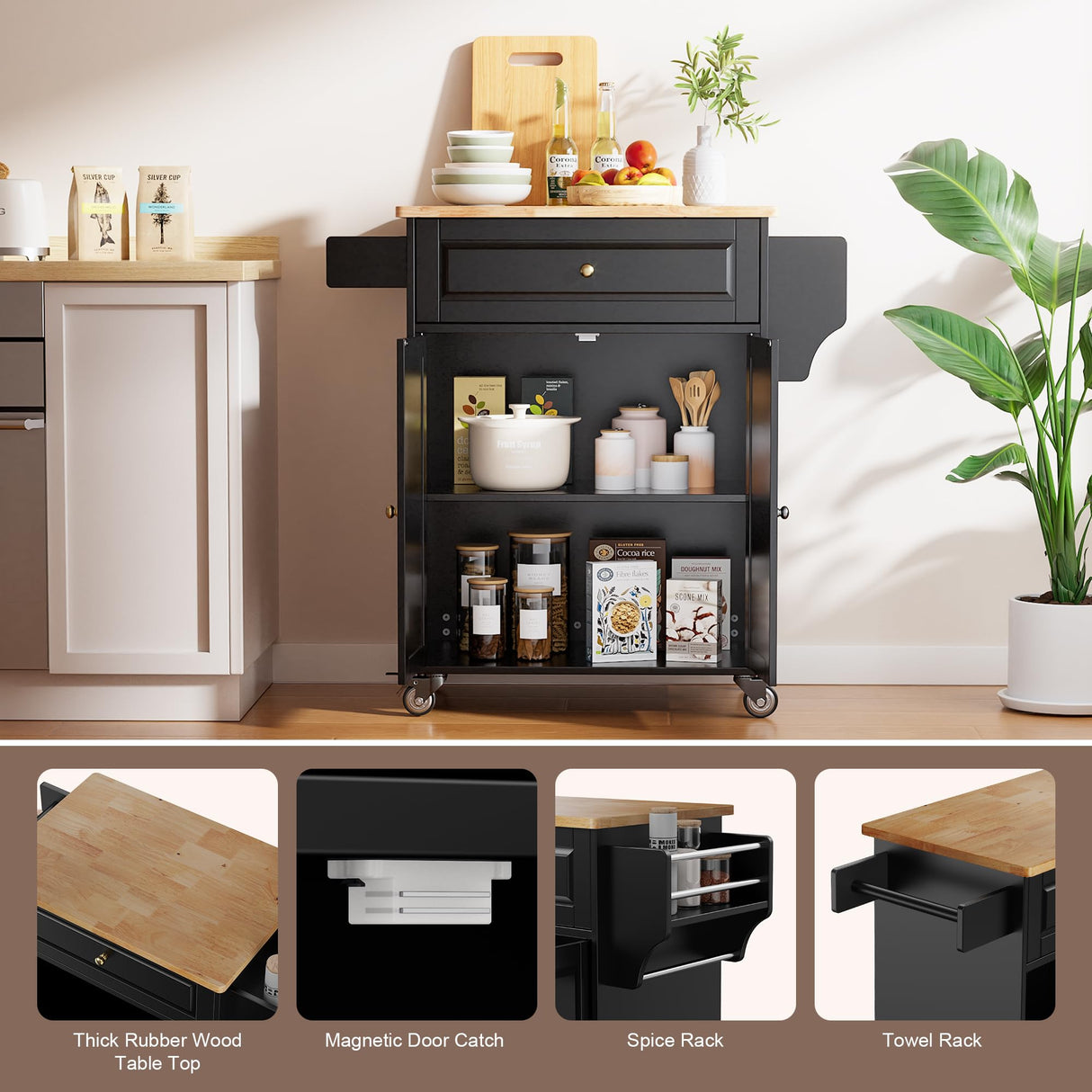 Gizoon Black Kitchen Island Cart with Rubberwood Top & Multi-Storage for Home and Dining Gizoon
