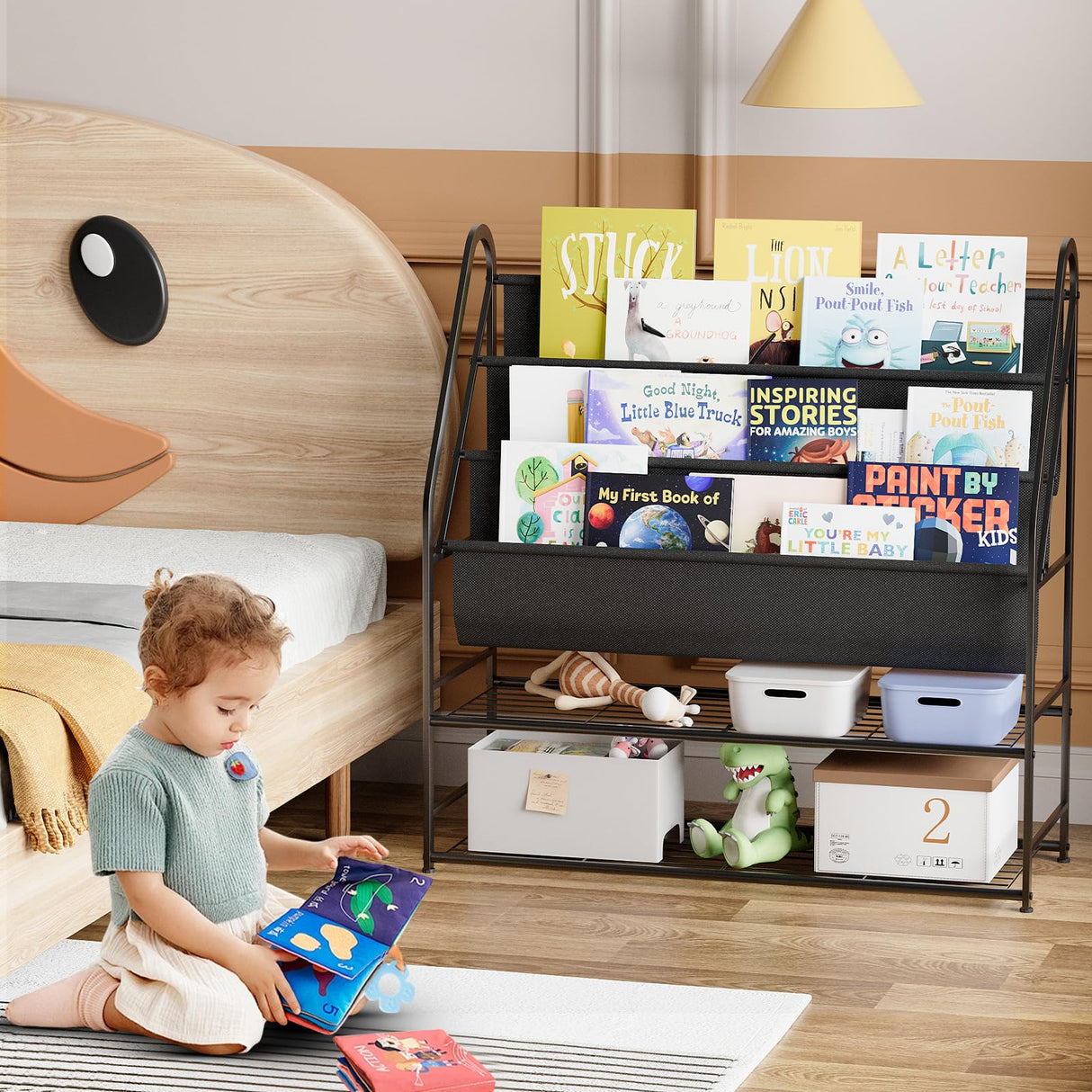 aboxoo Kids Bookshelf Freestanding Bookcase for Children Room, 32 in Book Shelves with 4 Deep Pockets Toy Organizer Large Stable Book Unit Storage for Bookstore Library Living Room,Black aboxoo