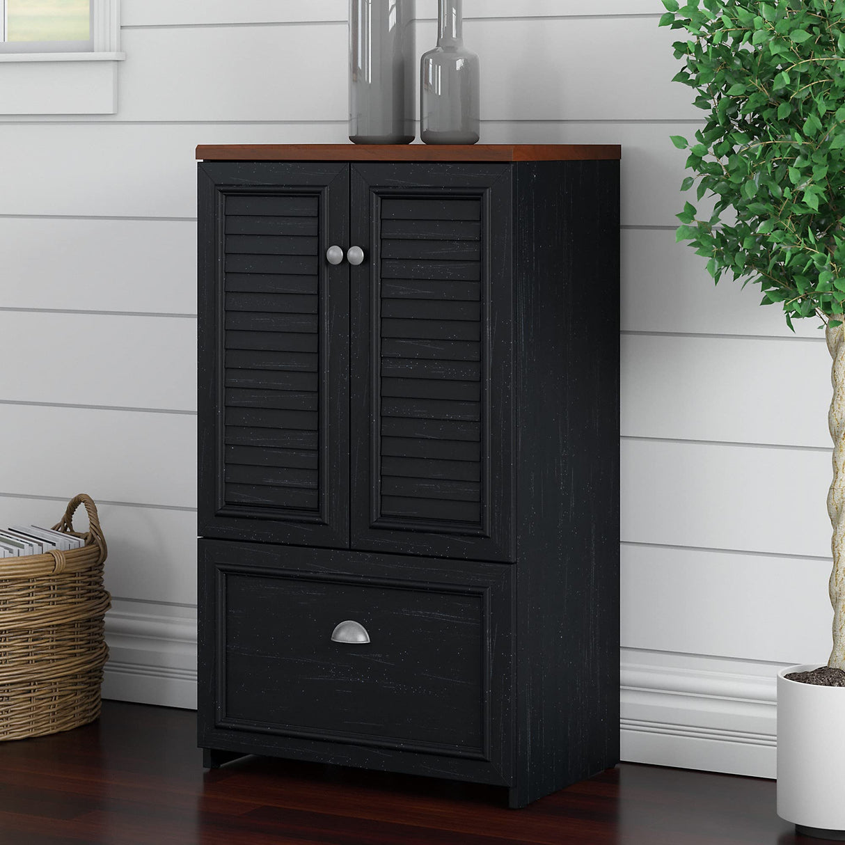 Bush Fairview 41.69-Inch H Storage Cabinet with 3 Shelves, Antique Black/Hansen Cherry (WC53980-03) Bush Business Furniture