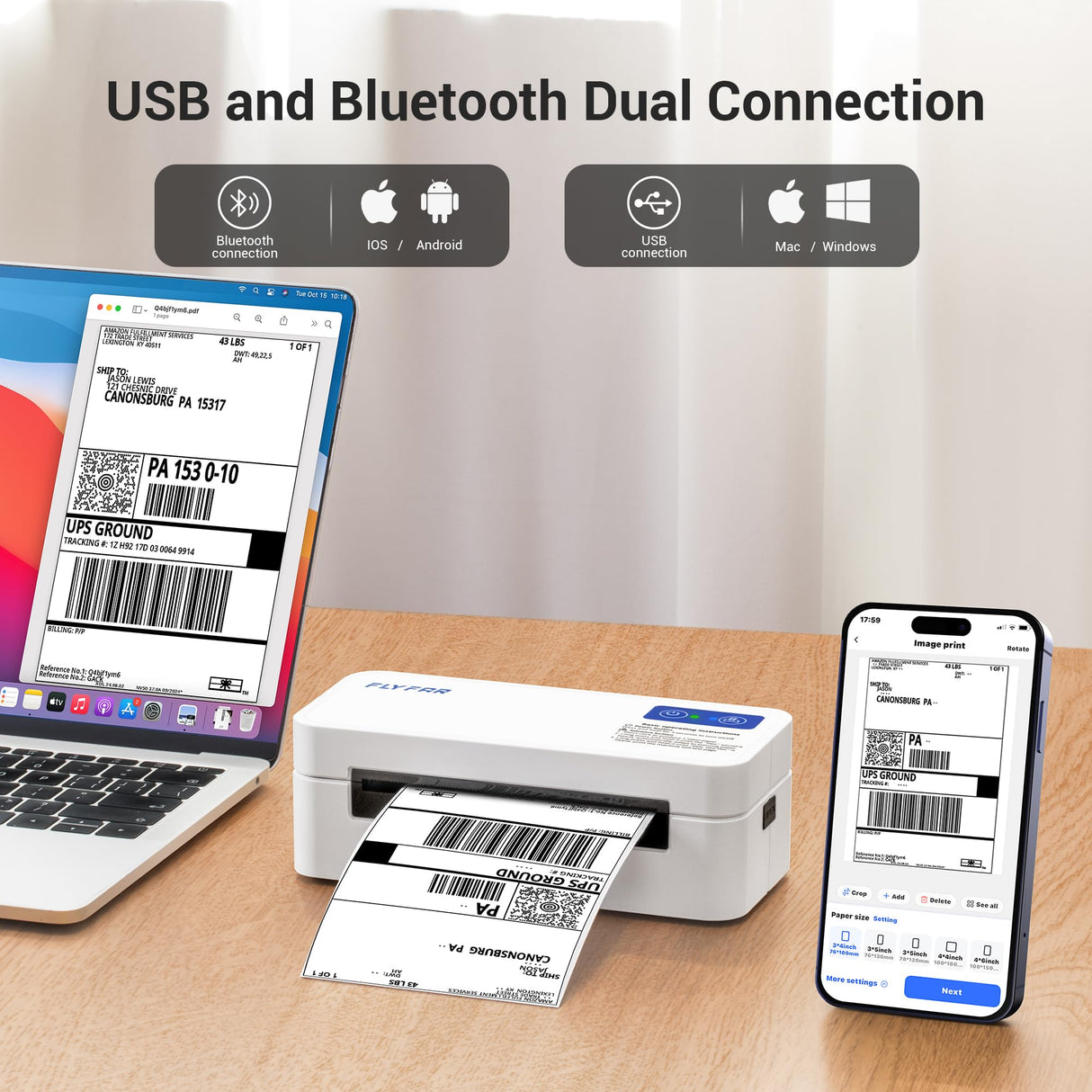 FLYFAR Bluetooth Thermal Shipping 4x6 Label Printer,Wireless Label Printer for Small Business,Support Windows,iOS,iPhone, Android,Used for Amazon,Shopify,Ebay,Ups,FedEx FLYFAR