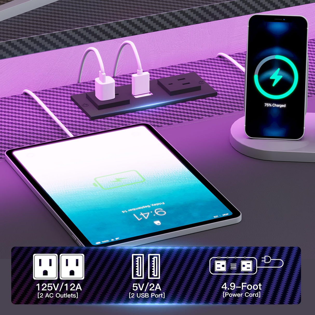 SEDETA 79" Gaming Desk, Computer Desk with 2 Fabric Drawers & LED Light, L Shaped Gaming Desk with Storage Shelf for Home Office, Carbon Fiber Black SEDETA