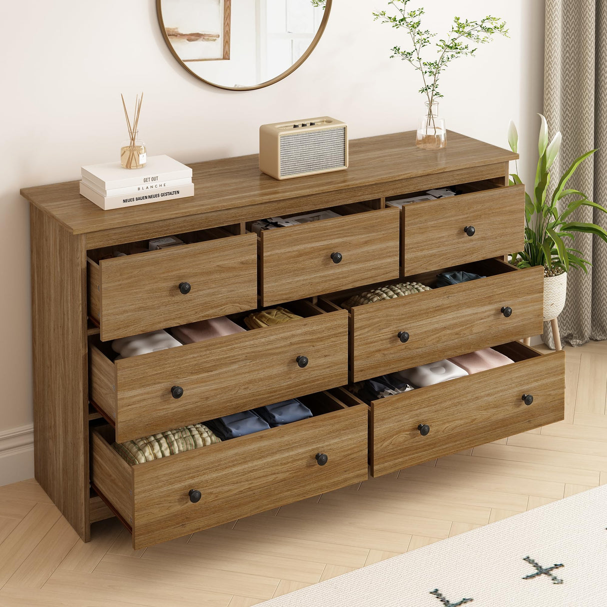 JOZZBY 55" Walnut Dresser for Bedroom, 7 Drawer Wood Large Dresser with Metal Knob, Modern Chests of Deep Drawers Organizer for Home Office, Hallway JOZZBY
