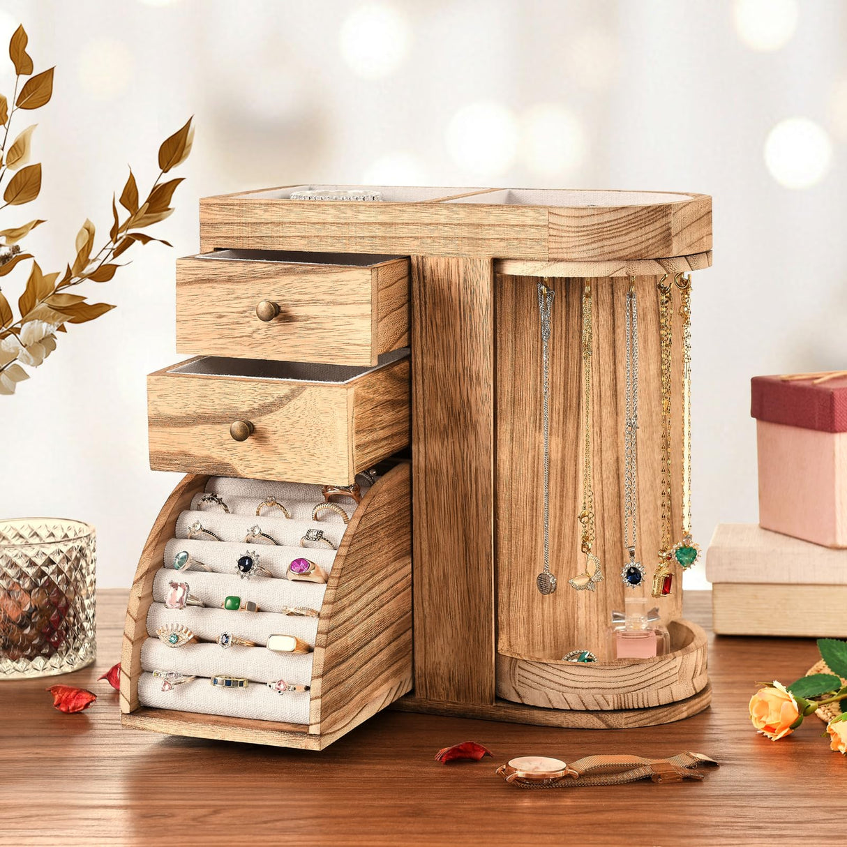 BNING Wood Jewelry Box, Solid Wooden Rotating Jewelry Box Organizer for Women, Gifts for Girls - 4 Layer Rustic Small Jewelry Organizer Box with 3 Drawers for Necklace Ring Earring Bracelet BNING