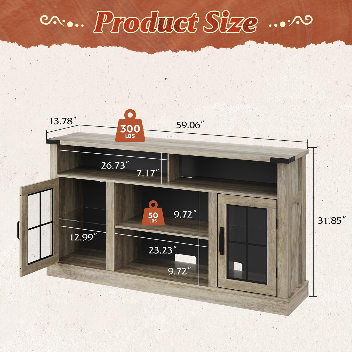 WLIVE Farmhouse TV Stand for 65 Inch TV, Tall Entertainment Center with LED Lights, Mid Century Modern TV Console wirh Open Shelves and Glass Cabinet Doors for Living Room and Bedroom, Gray Oak WLIVE