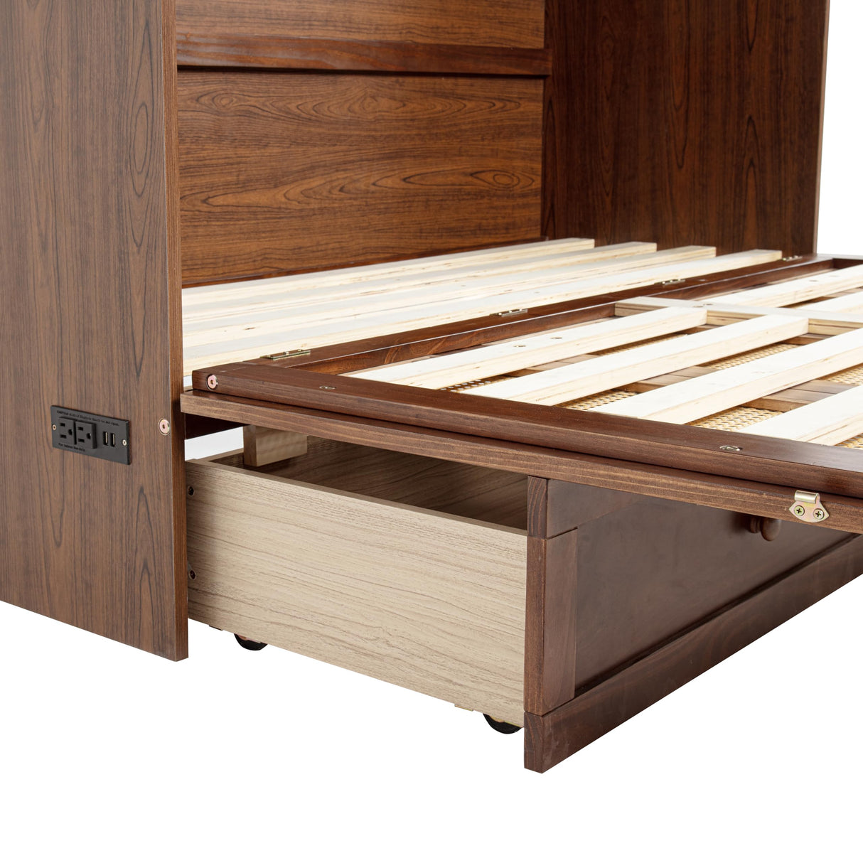 VilroCaz Queen Size Murphy Bed with Unique Rattan Decoration& Large Drawer and Charging Station, Wood Cabinet Bed, Can be Folded Platform Bed for Guest Room Home Office (Walnut-4.14) VilroCaz