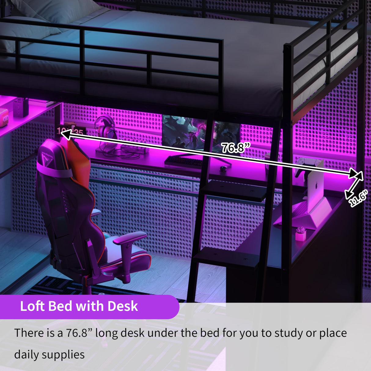 Polibi Full Size Loft Bed with LED and Desk,Metal Gaming Loft Bed Frame with 4 Storage Shelves,Black Polibi