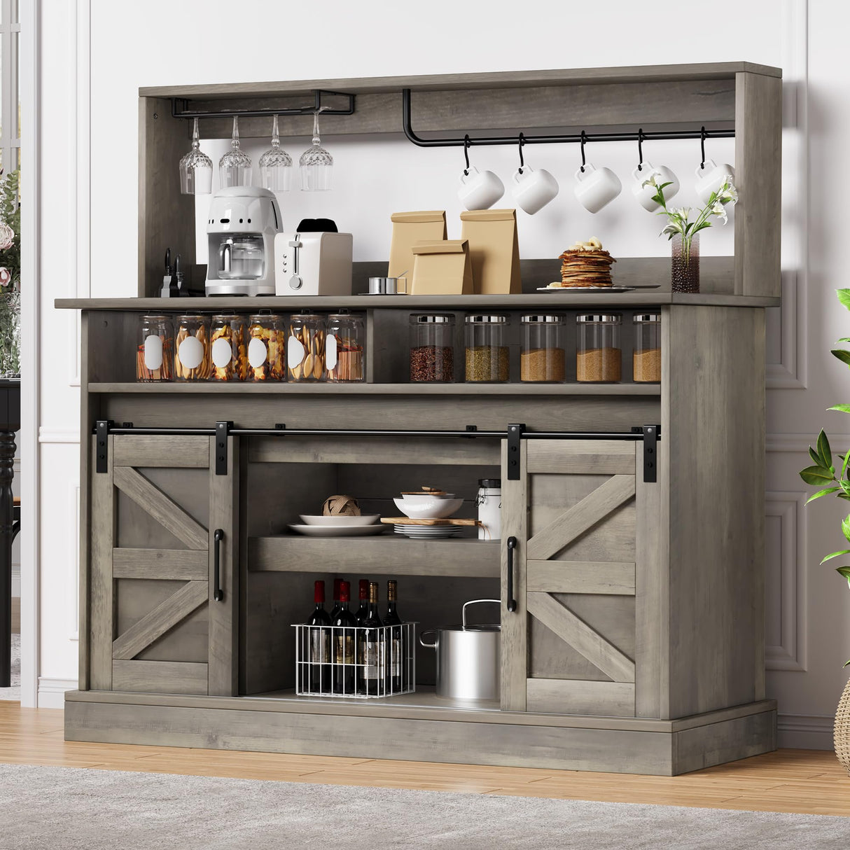 DWVO Farmhouse Buffet Cabinets, 47" Coffee Bar with Goblet Holder & Power Outlet, Sliding Barn Door Sideboard Cabinet for Kitchen & Living Room Storage (Rustic Grey Oak) DWVO